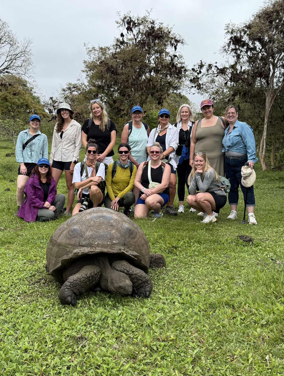 Group of 13 widowed women posing with a giant tortoise on a grassy area during daytime, surrounded by trees. Part of a group of young widows who traveled to the Galapagos.