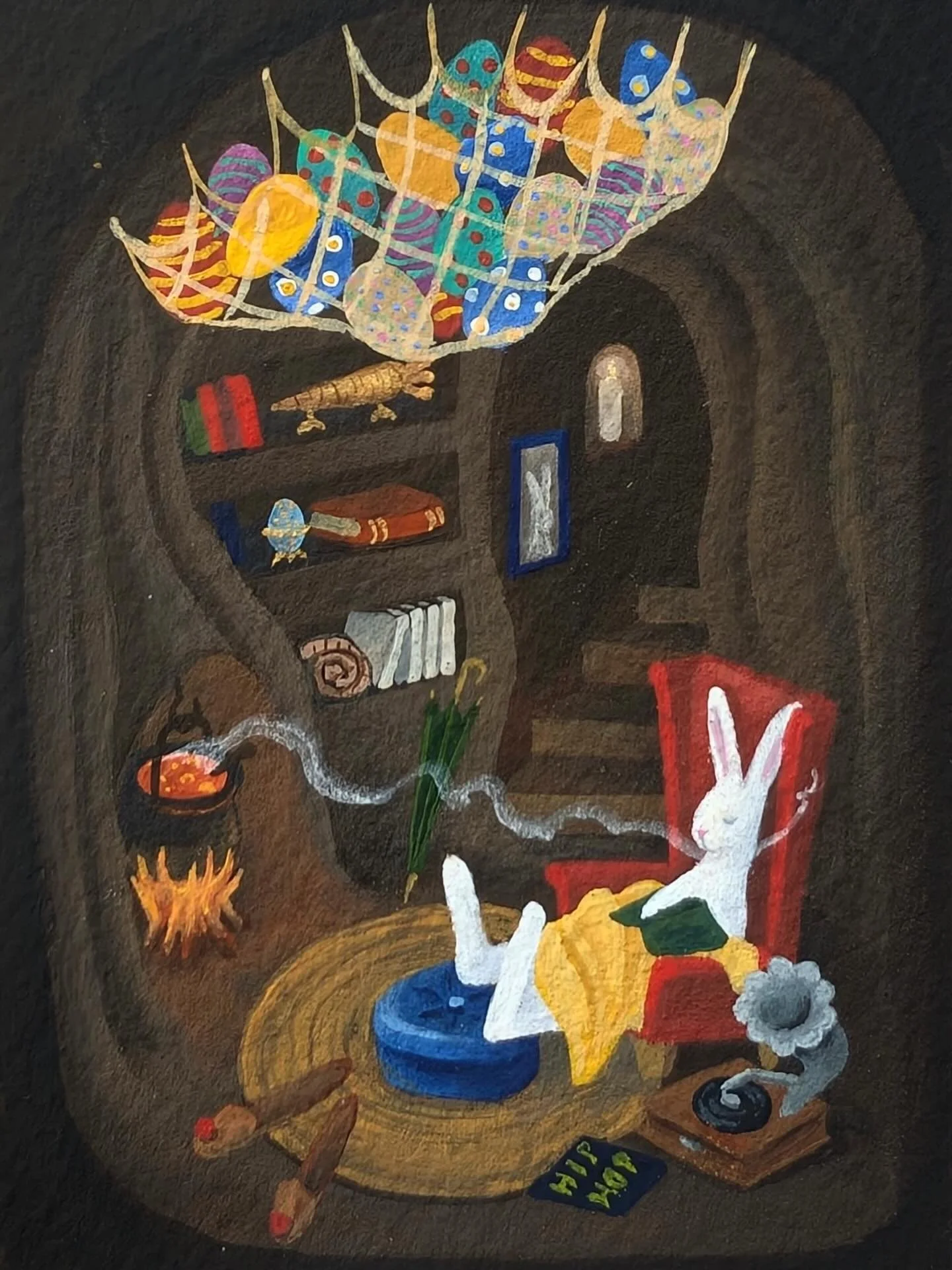 Happy Easter 🐇 the weather in Scotland has been so crazy today, the Easter Rabbit has simply given up and opted for a snooze by the fire instead. A quick palm sized painting to keep me entertained while the weather makes its mind up 🌞 🌧️ ❄️