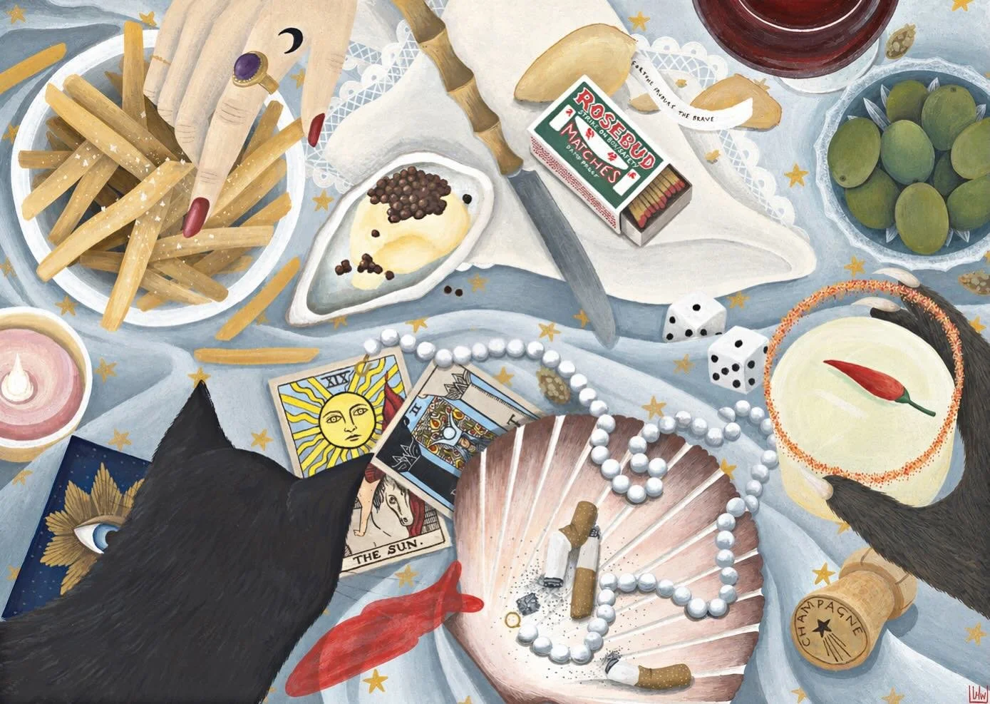 Girl Dinner 🍋&zwj;🟩🔮🥠✨ first painting of a new series I&rsquo;m working on, mixing my love of painting domestic scenes with a twist of the uncanny. Oh my, we are gonna have some fun this year 🐈&zwj;⬛
