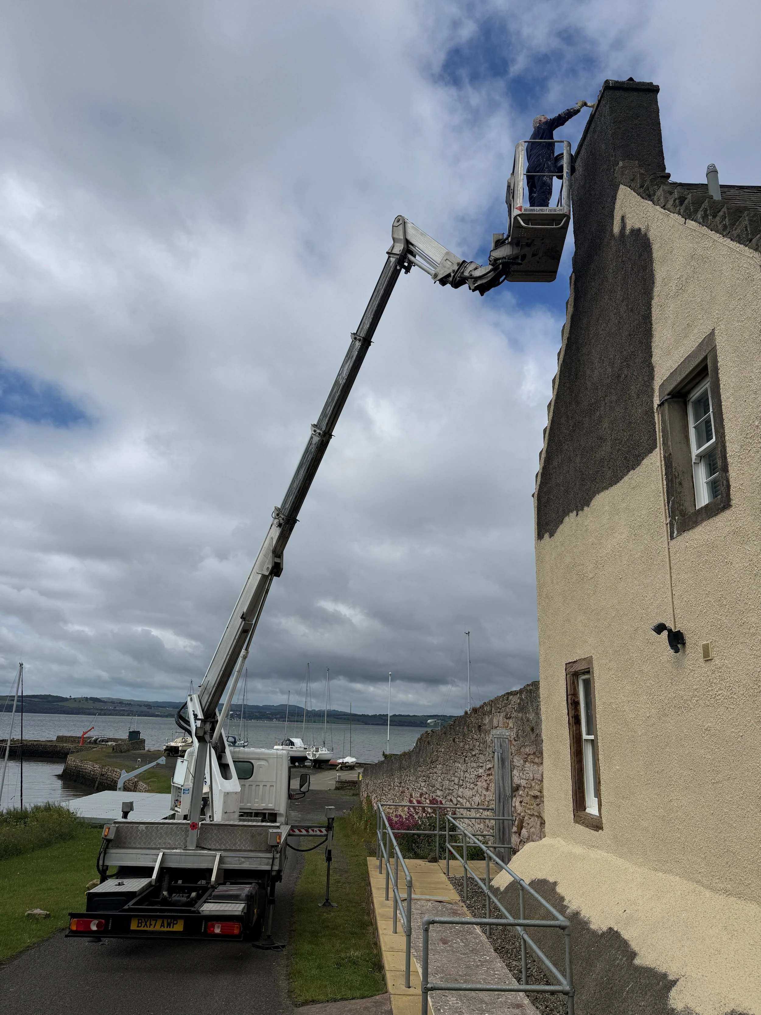 Exterior Building Painting Access in Limekilns, Fife Using a Truck-Mounted Cherry Picker