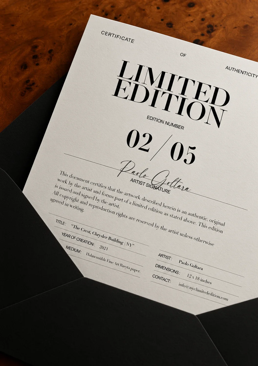 NYC Limited Edition Certificate of Authenticity