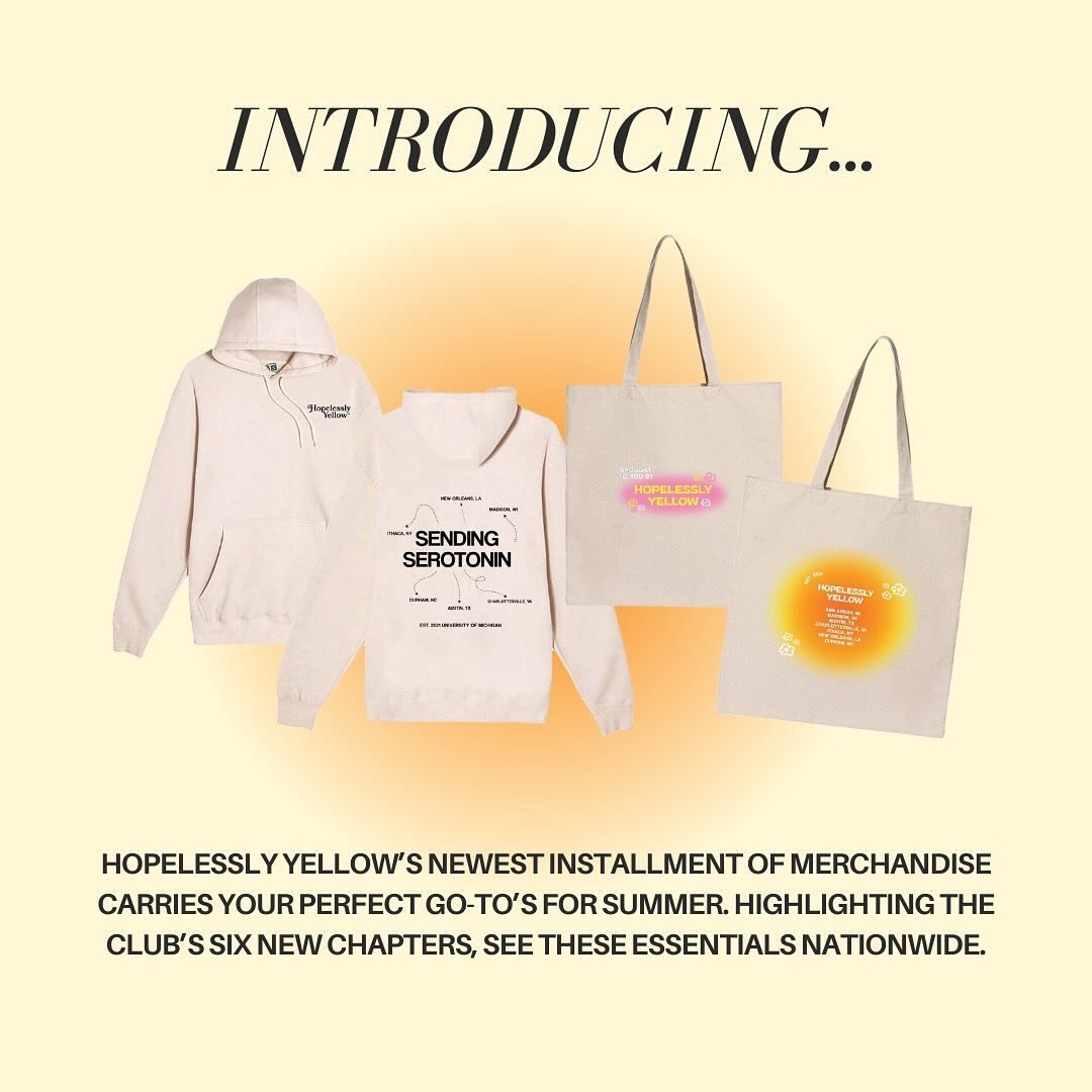 🌟 New Hopelessly Yellow Merch 🌟
Swipe to see our latest designs for summer &mdash; link in bio to order. 

Hoodie design: @jordynaxelrod 
Tote design: @jordynaxelrod &amp; @haileygabron