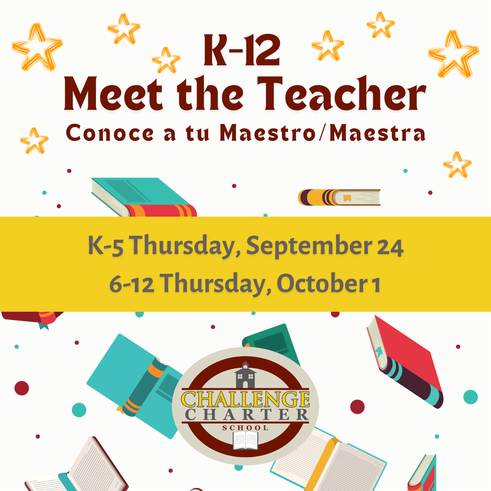 Meet the Teacher Nights for K-5 on 9/24 and 6-12 on 10/1
