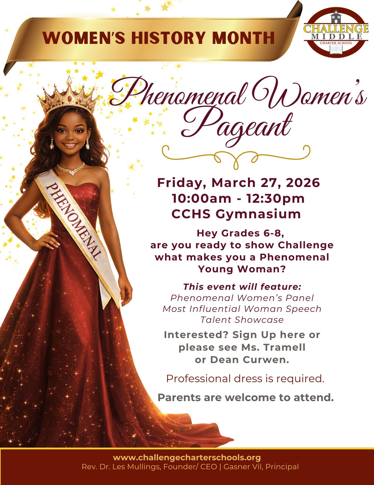 middle school phenomenal women pageant on Friday, March 27th