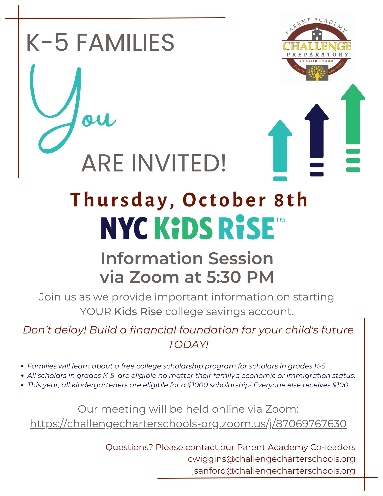 Kids Rise info session October 8 via Zoom at 5:30 Pm