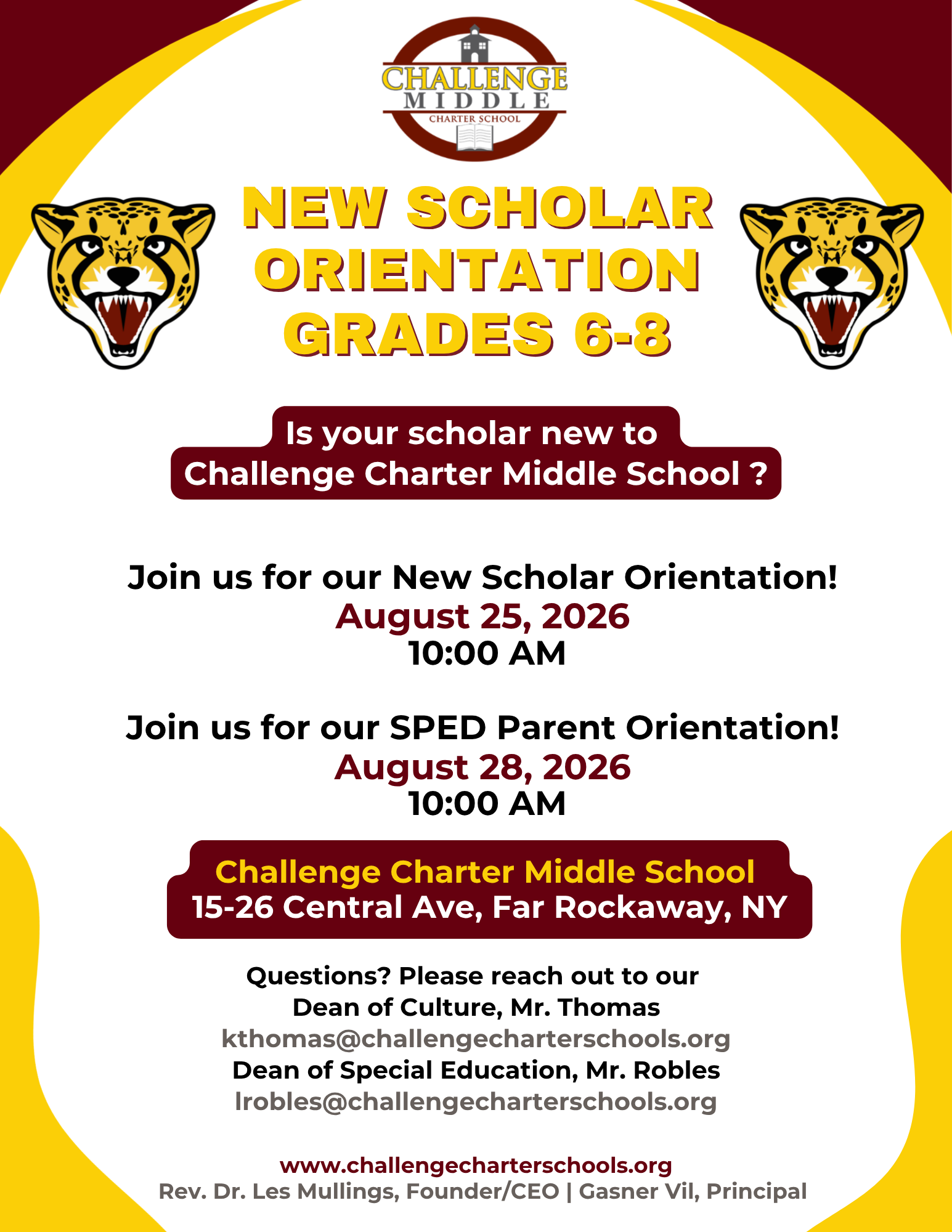 middle school orientation on august 25 at 10:00 a.m. and SPED august 28 at 10:00 a.m. 1520 Central Avenue
