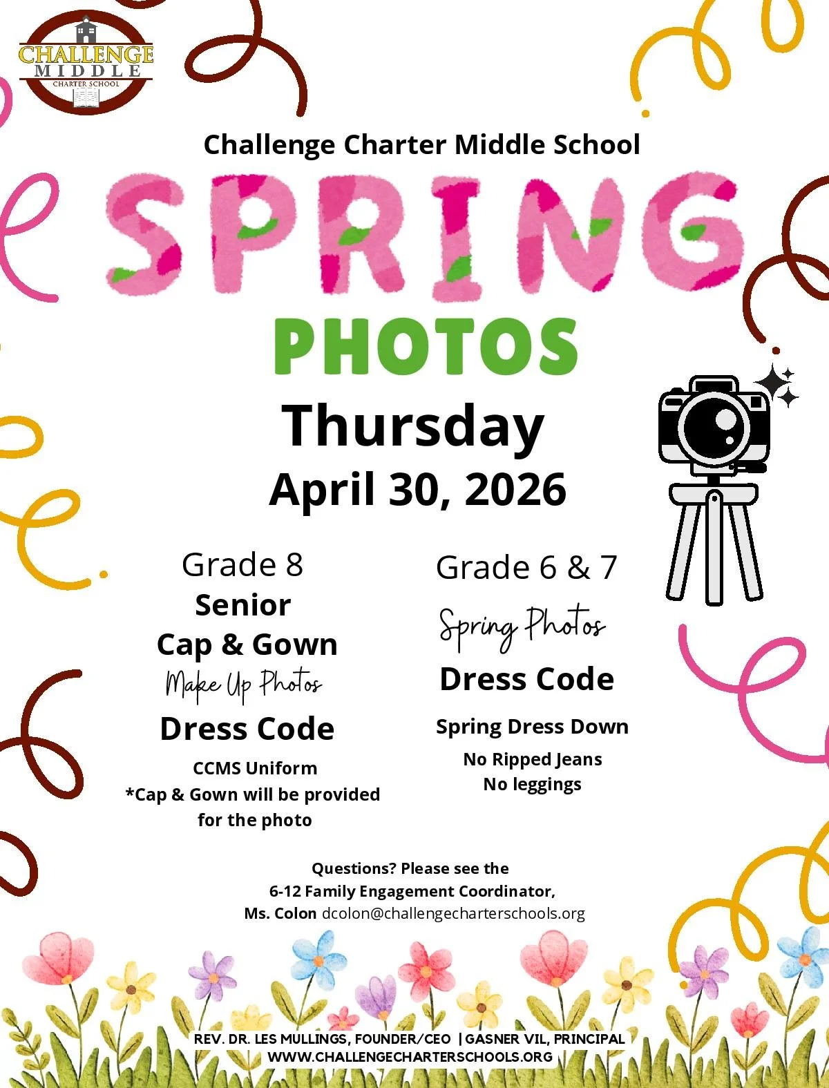 CCMS spring photos. Grade 8 Senior Cap and Gown make up photo and Grades 6 and 7 dress down photos