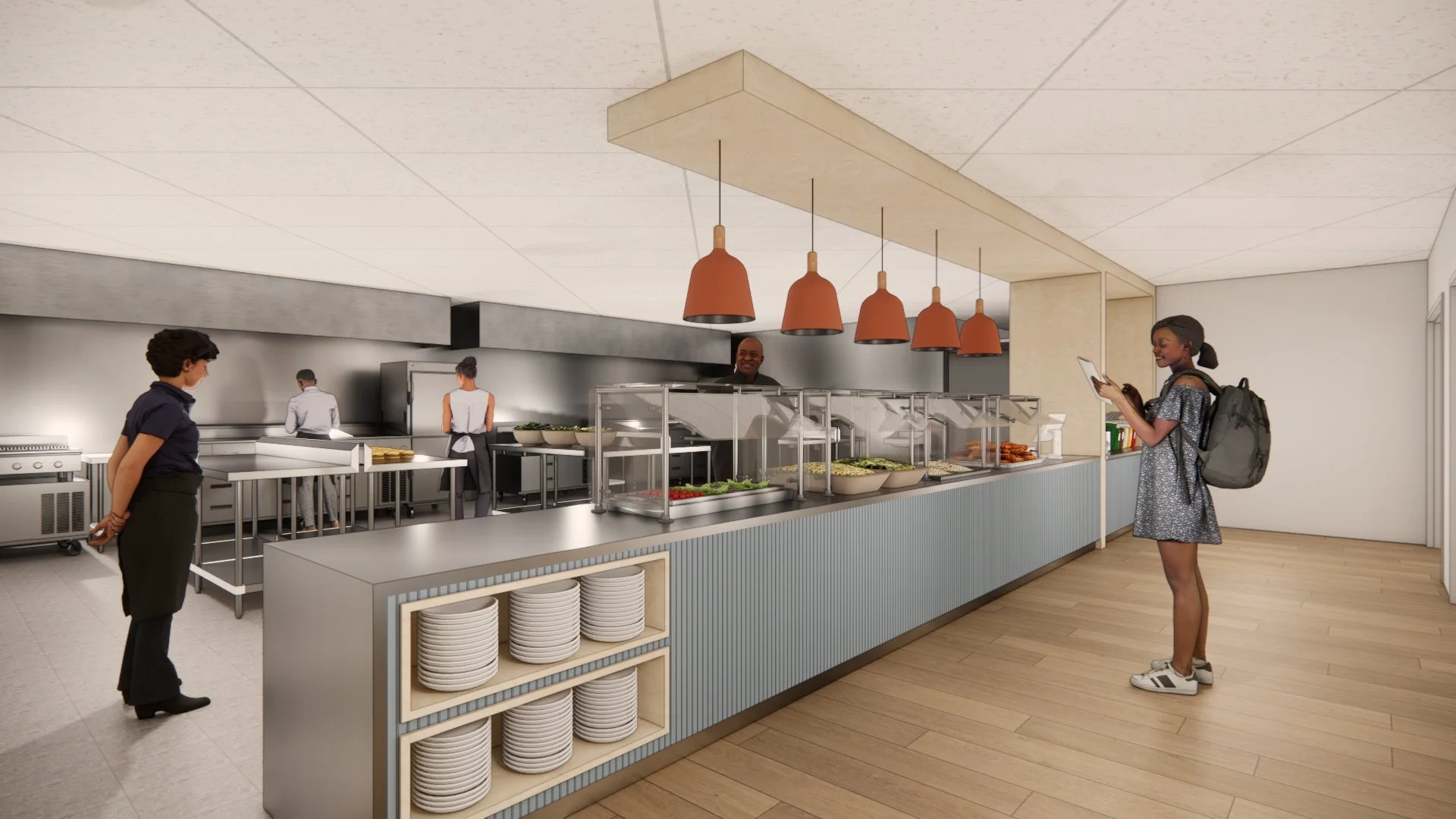 Rendering of the serving area in the cafeteria of the Emory building.
