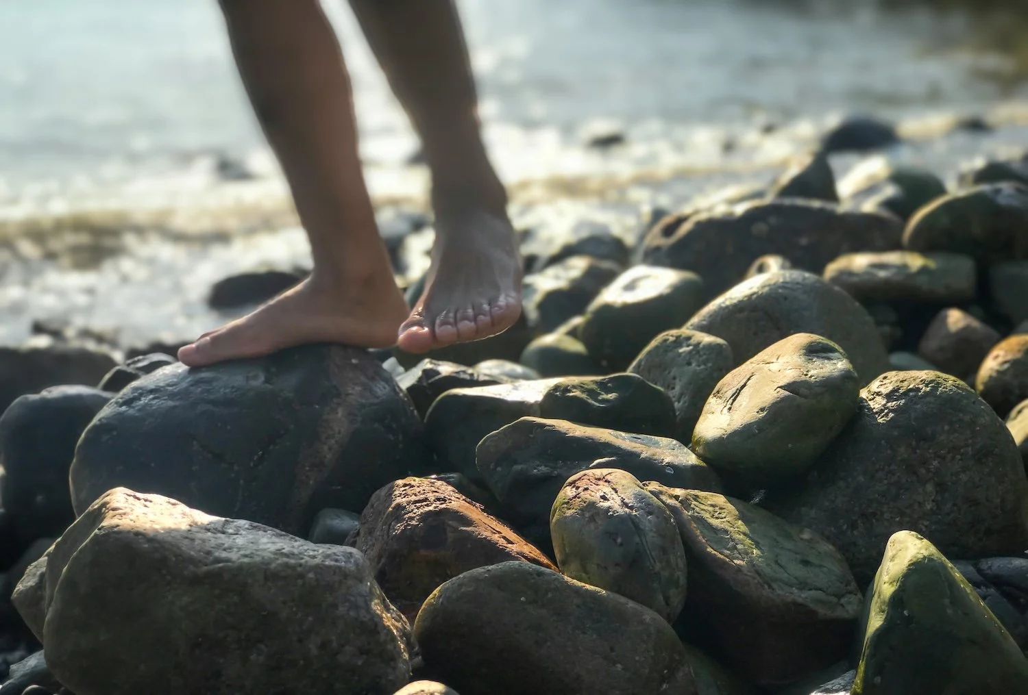 A person walking barefoot across a path of large, uneven rocks.