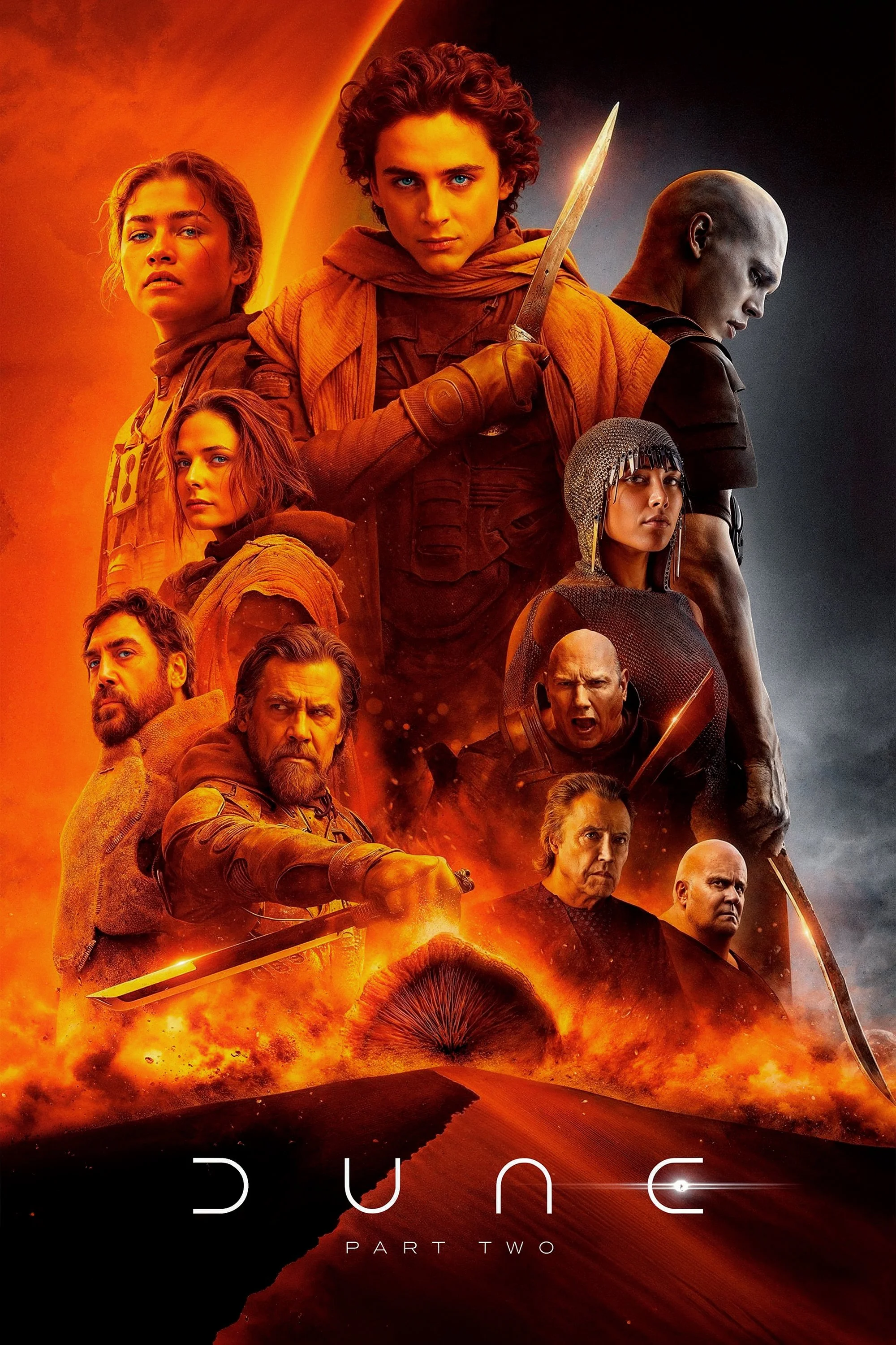 Poster for the movie 'Dune Part Two' featuring multiple characters in intense poses, with a fiery desert landscape and a massive sandworm emerging from the ground beneath a spaceship.