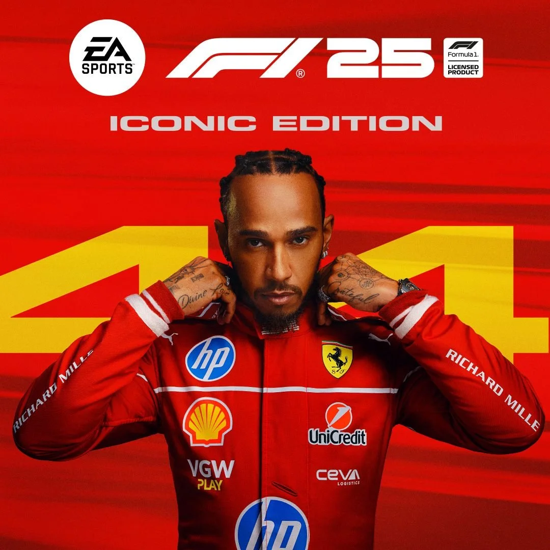 Cover of FIFA 25 Iconic Edition video game featuring a man in a red Ferrari racing suit with sponsor logos, posing with hands behind neck against a red background.