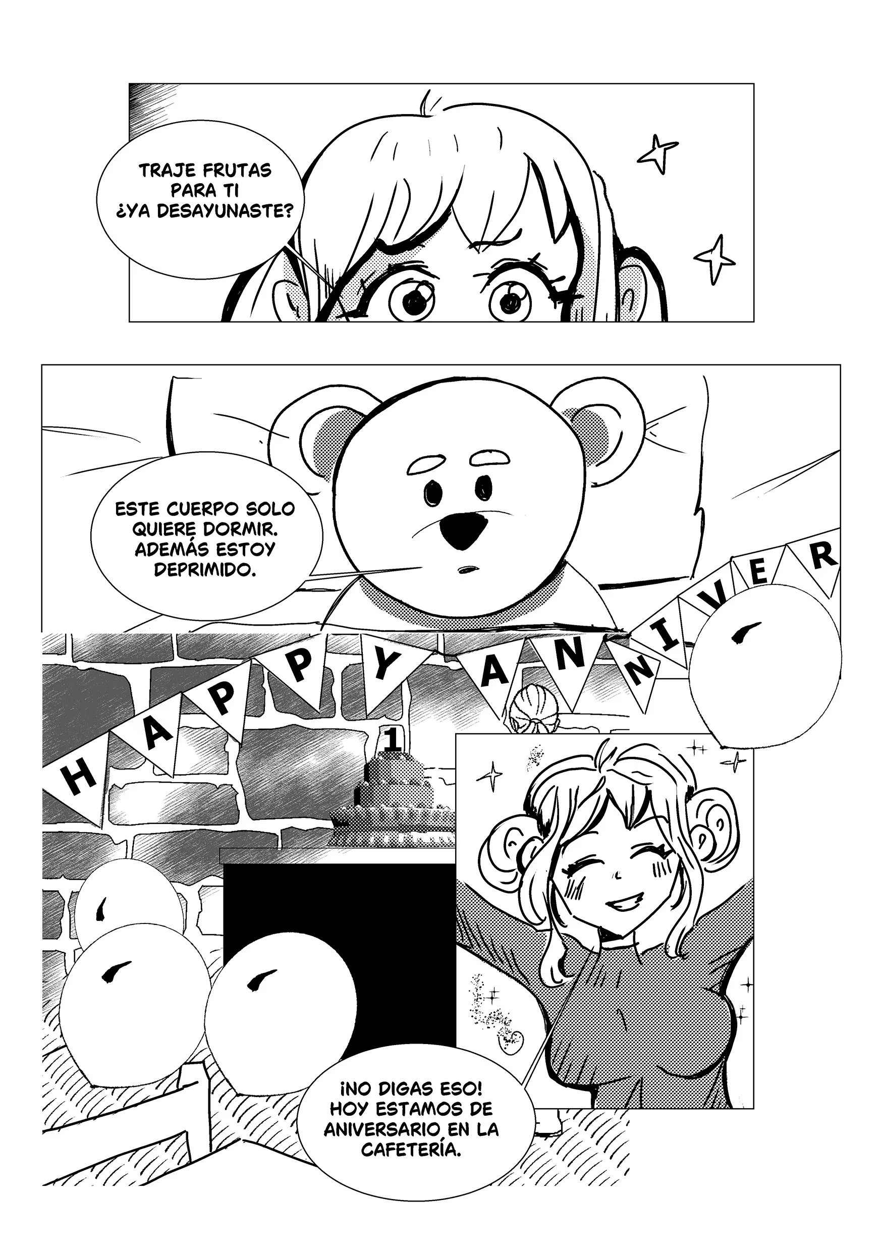 A manga comic strip with a girl and a bear celebrating an anniversary with decorations and a birthday cake.