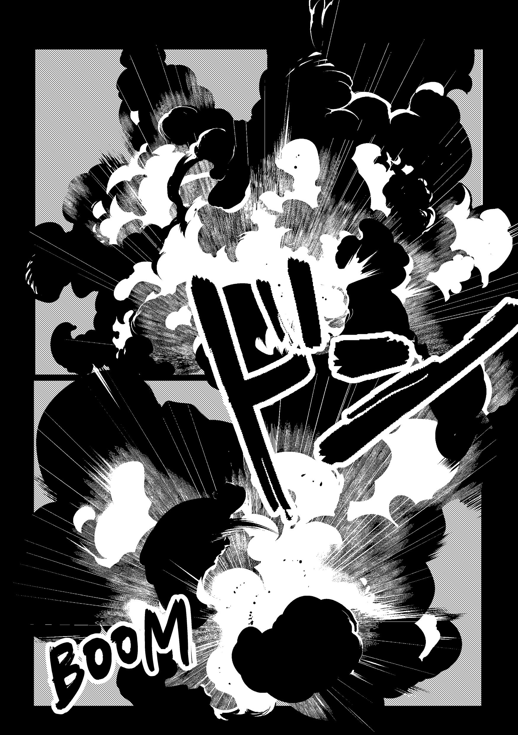 Comic book-style explosion with the word 'BOOM' and a cloud of smoke.