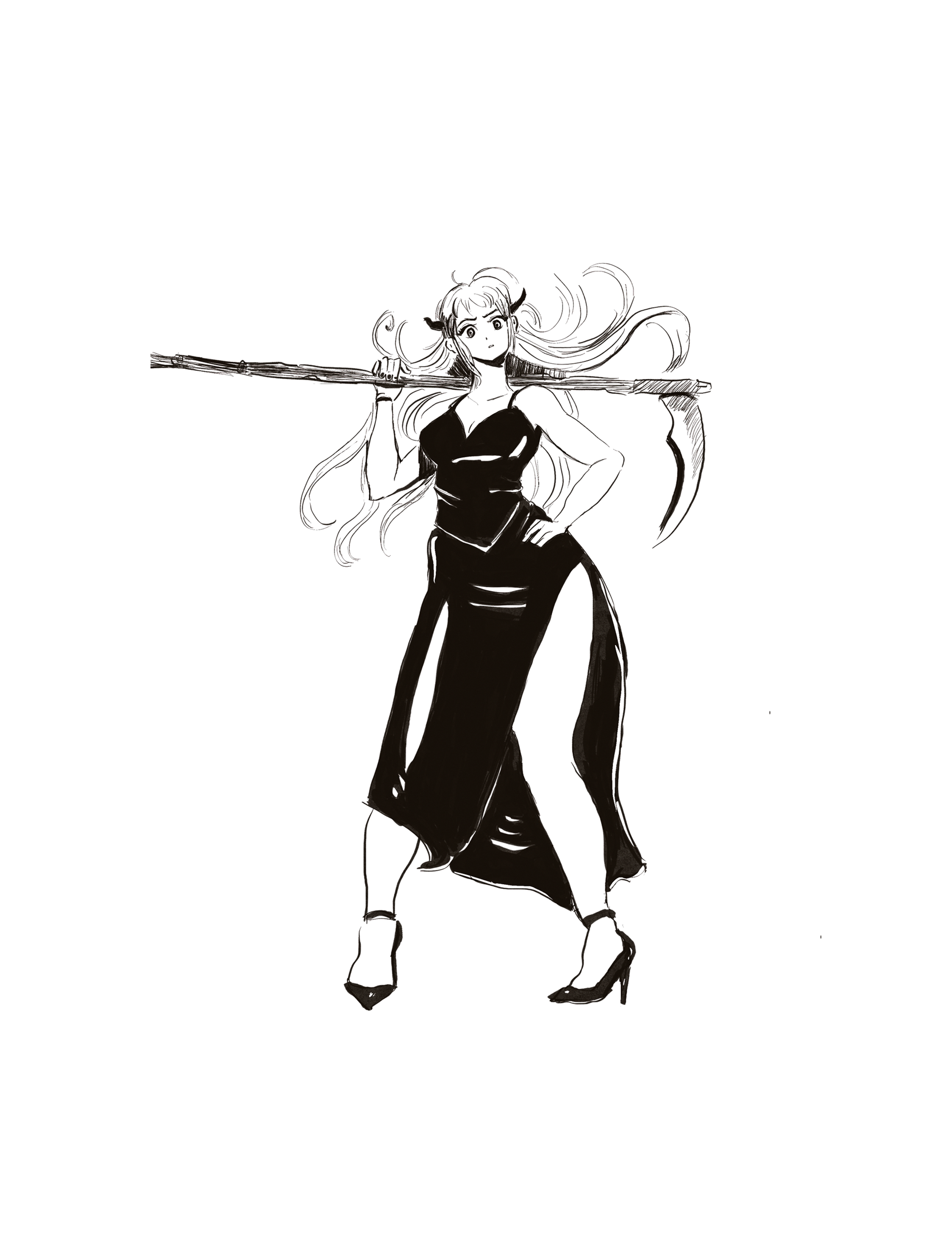 Black and white illustration of a woman with long flowing hair, wearing a sleek dress and high heels, holding a wooden stick across her shoulders with a confident expression.