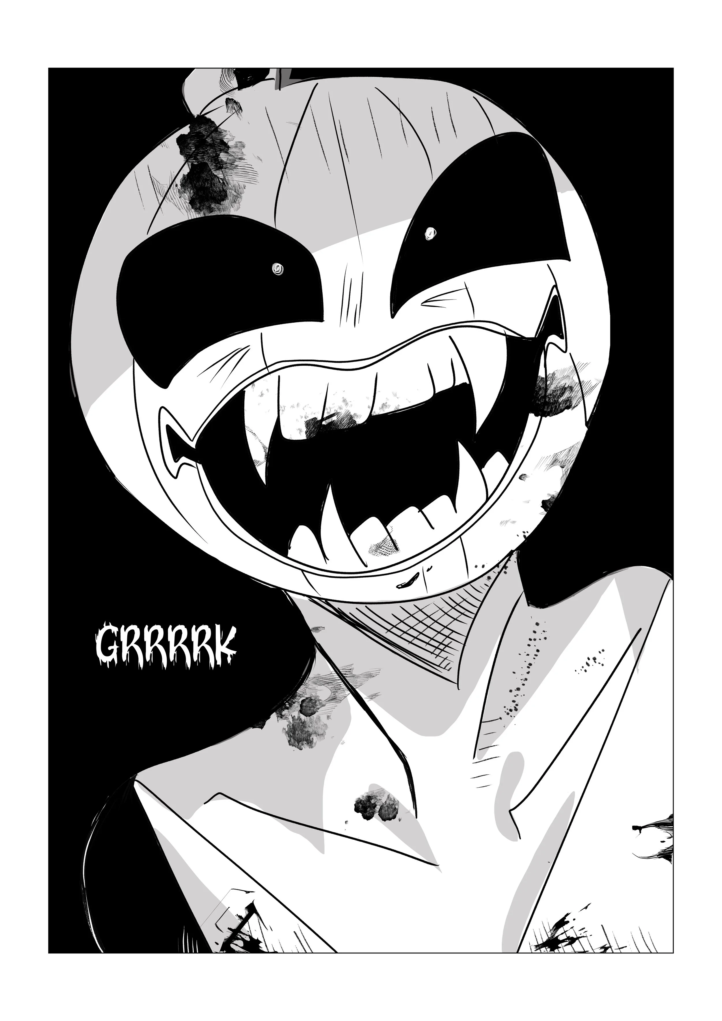 Black and white illustration of a person with a wide open mouth showing teeth, dark eyes, and a mask covering the face. The person appears to be angry or aggressive, with a speech bubble containing the word "GRRRRRK". The background is dark with scat