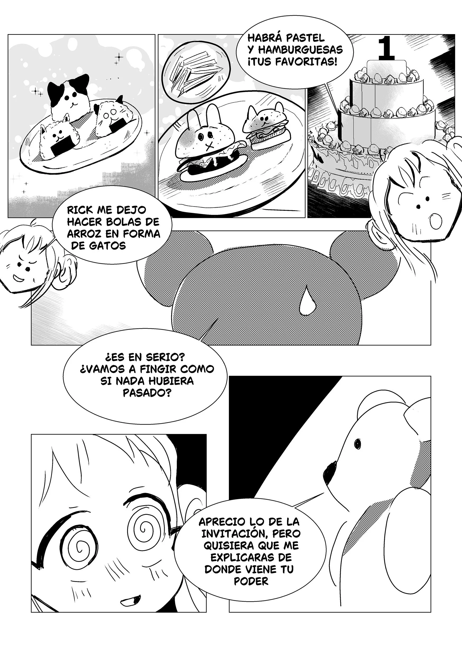 A comic strip in black and white featuring children and animals, with speech bubbles in Spanish discussing snacks, birthdays, and curiosity.