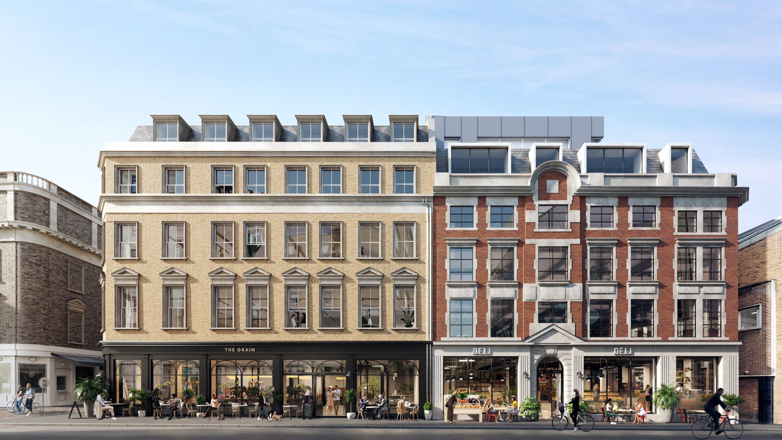 Street-level architectural visualization of a mixed-use development with restaurants, cyclists, and public life, The Grain, London, United Kingdom, Storyform Studio
