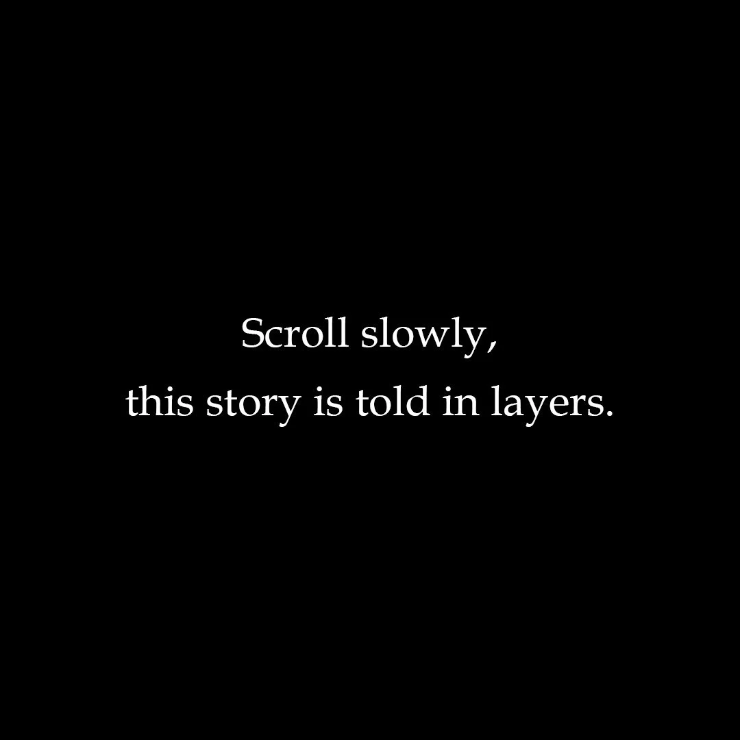 Black background with white text that reads: 'Scroll slowly, this story is told in layers.'