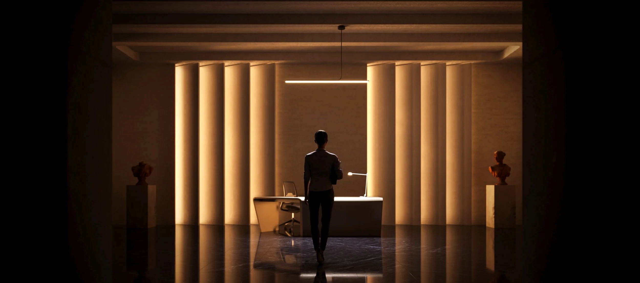 Interior architectural render of a futuristic office inspired by the series 3 Body Problem, Concept Project, Storyform Studio