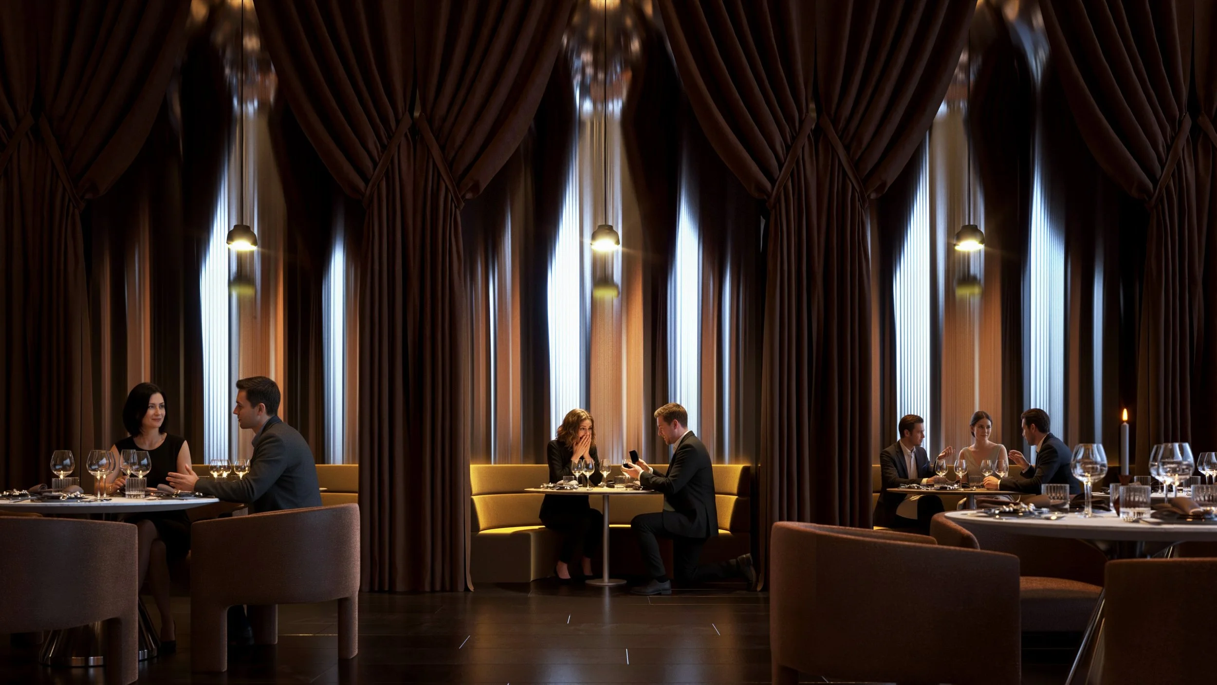 Elegant restaurant with three groups of couples dining, dark curtains, dim lighting, and candles on the tables.