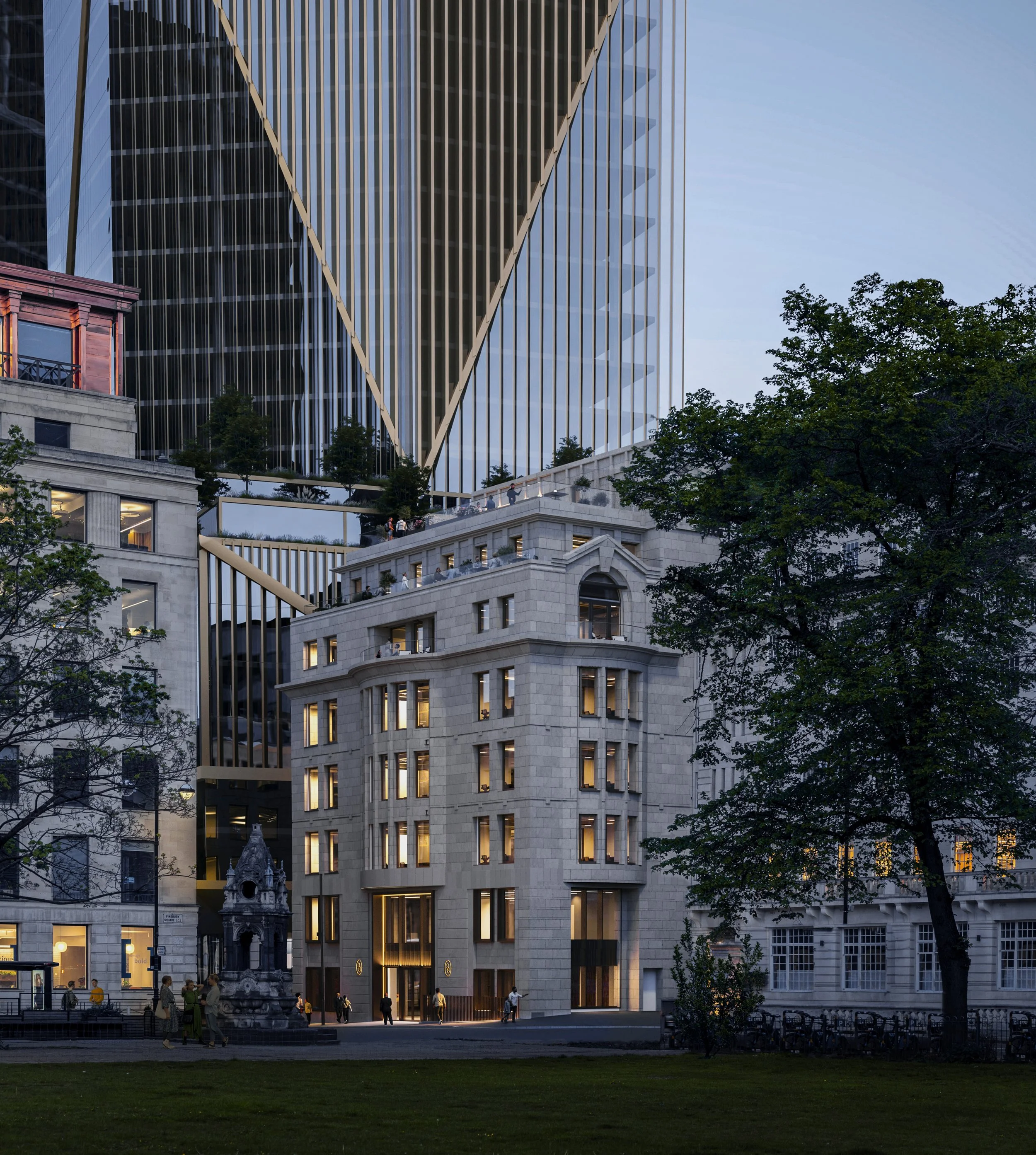 Modern high-rise buildings with glass facades above a historic stone building and a park with trees and people walking.