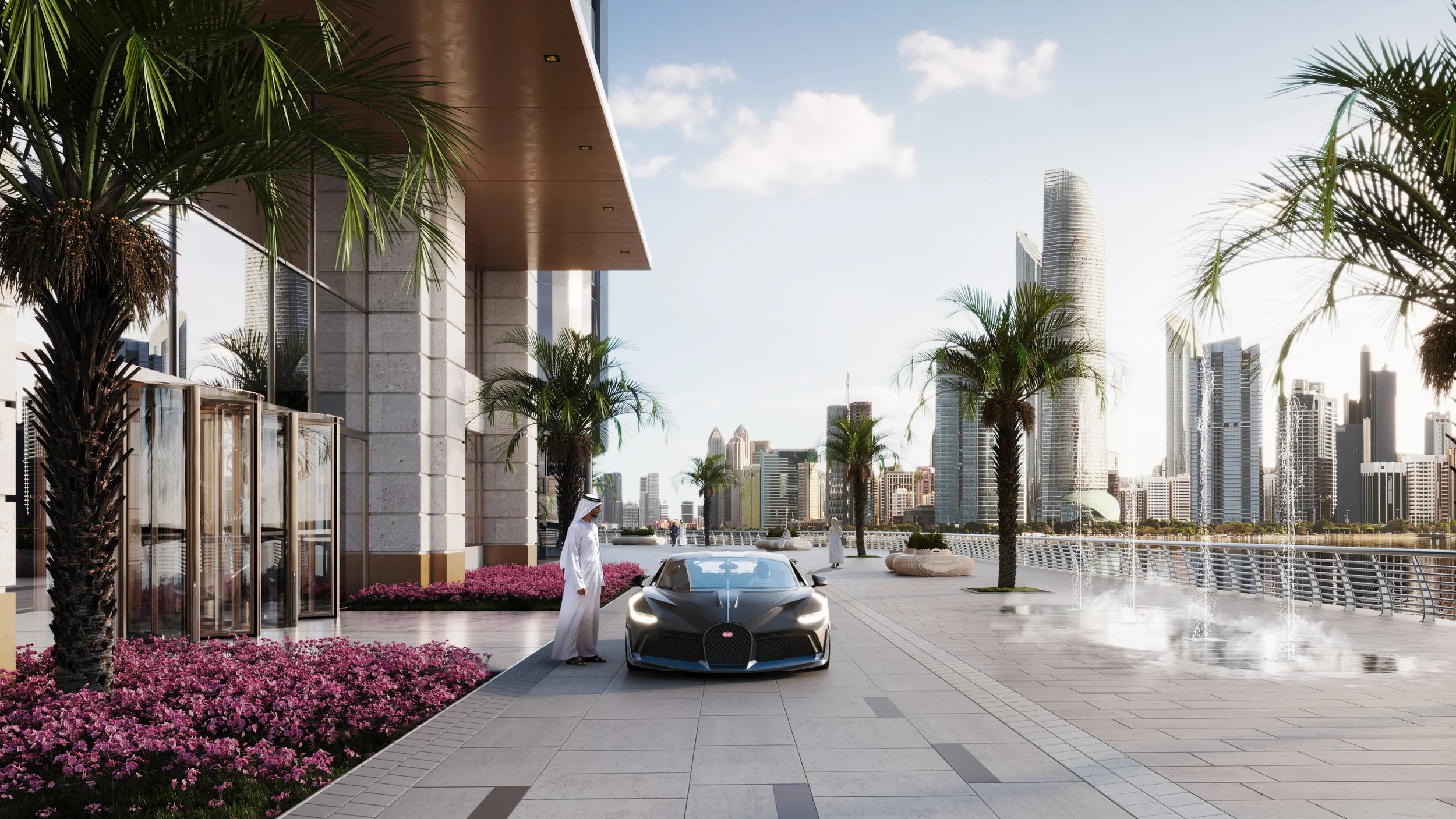 Exterior architectural visualization featuring a luxury car beside a contemporary building with tropical landscaping, Concept Project, Storyform Studio