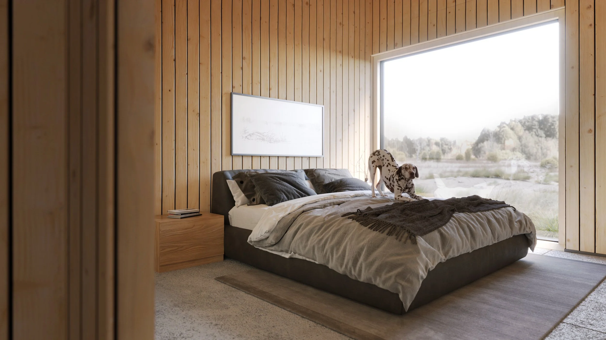 Modern bedroom with wooden panel walls, large window showing outdoor landscape, bed with gray bedding and pillows, a Dalmatian dog on the bed, bedside table with books.