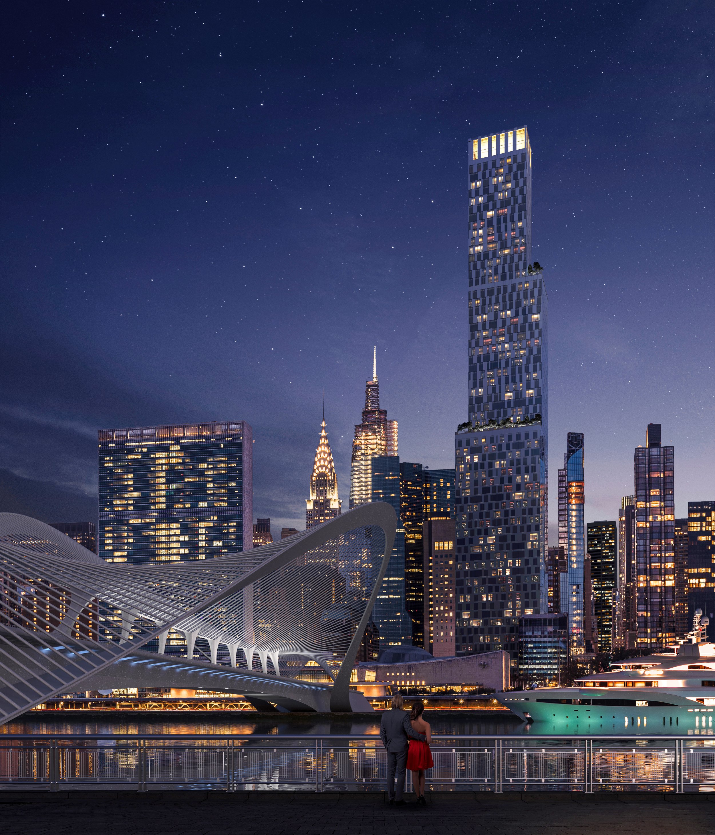 Night view of city skyline with modern skyscrapers, architectural bridge, and illuminated yacht on a river.