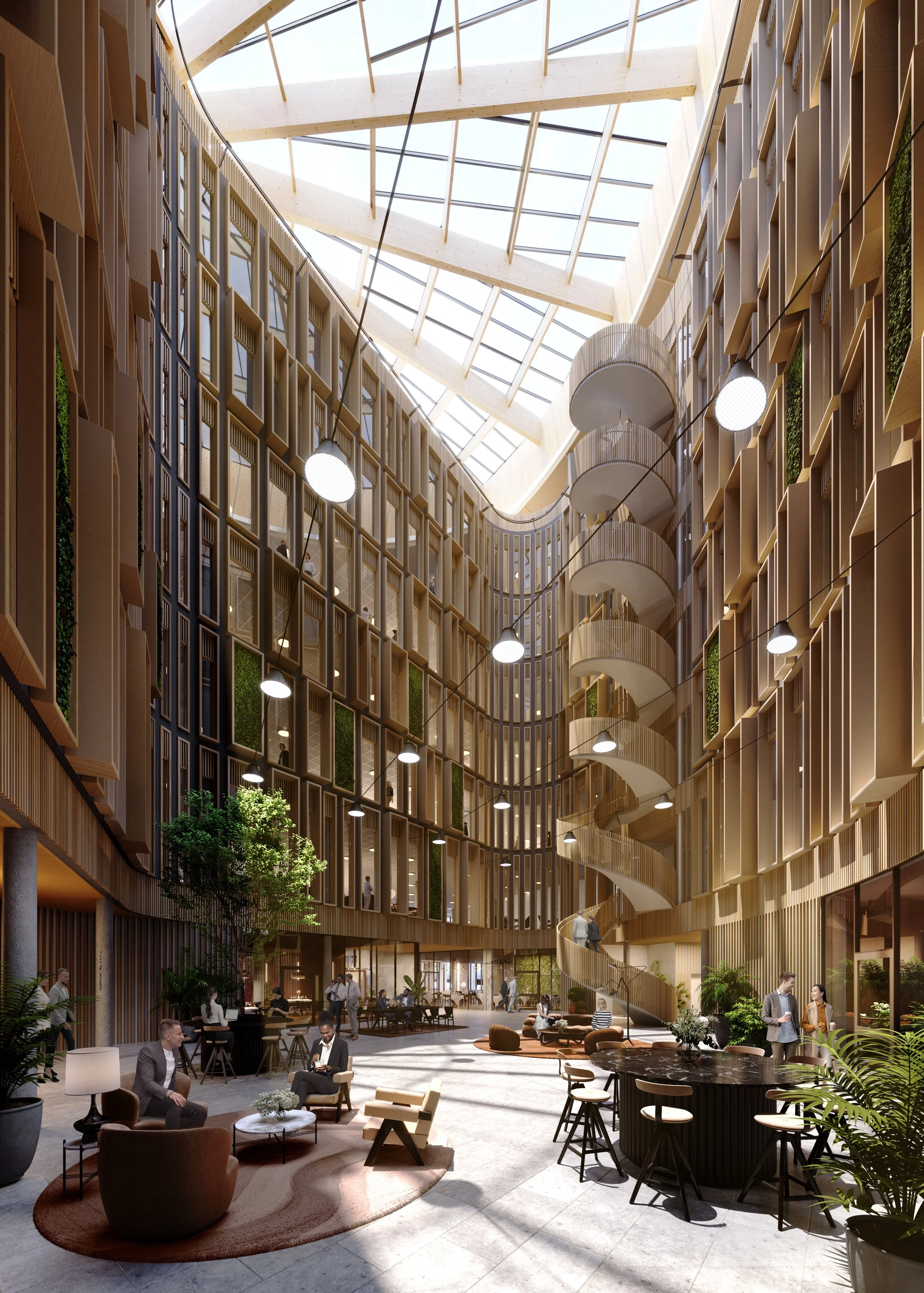 Atrium interior render, Haga Norra Stockholm, Storyform-studio