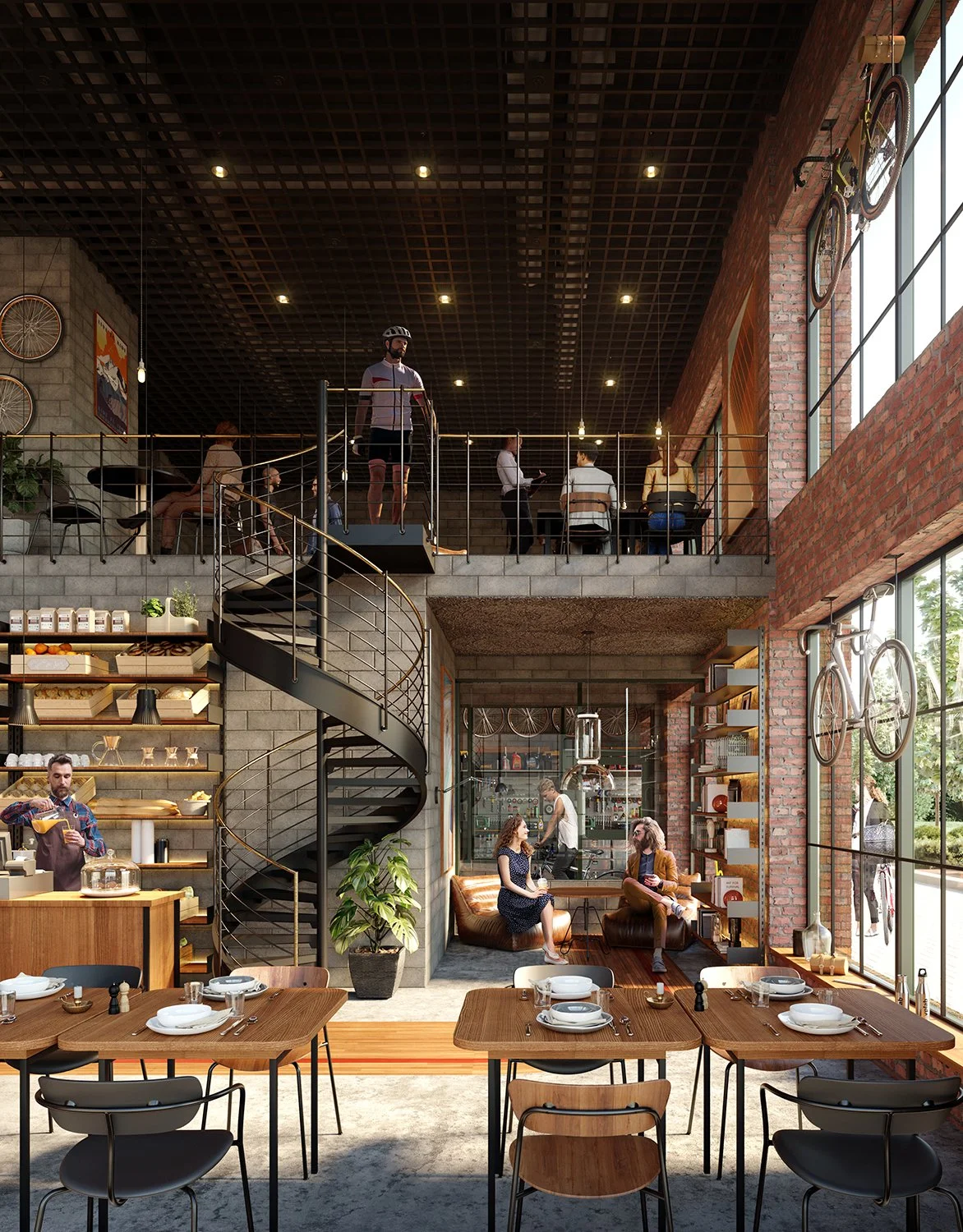 Interior architectural render of an industrial-style café with mezzanine seating and spiral staircase, Haga Norra, bike cafe, Storyform Studio