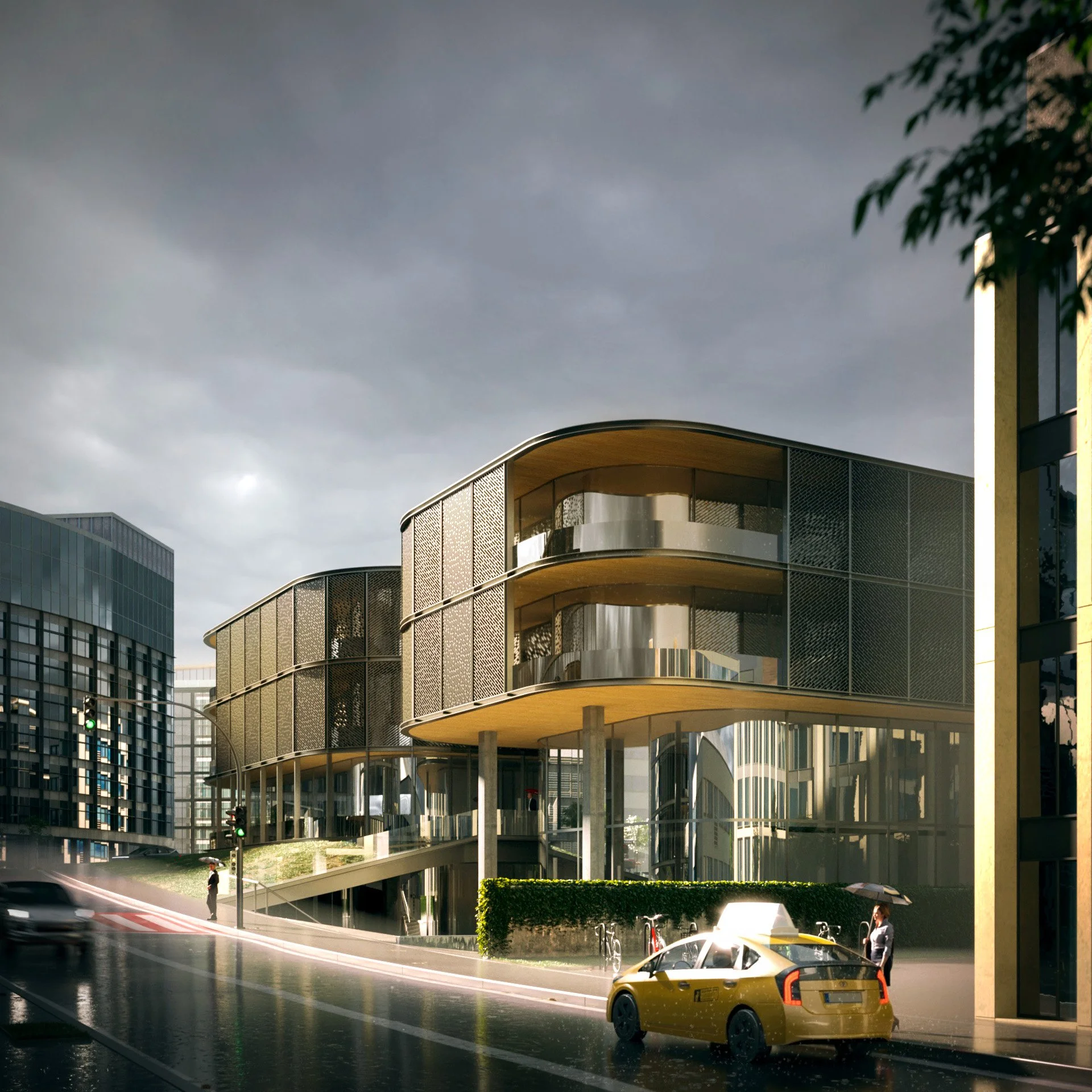 Modern urban building with curved balconies, glass exterior, and supported by columns. A yellow taxi and pedestrians with umbrellas are in the foreground near a rain-soaked street under a dark cloudy sky.