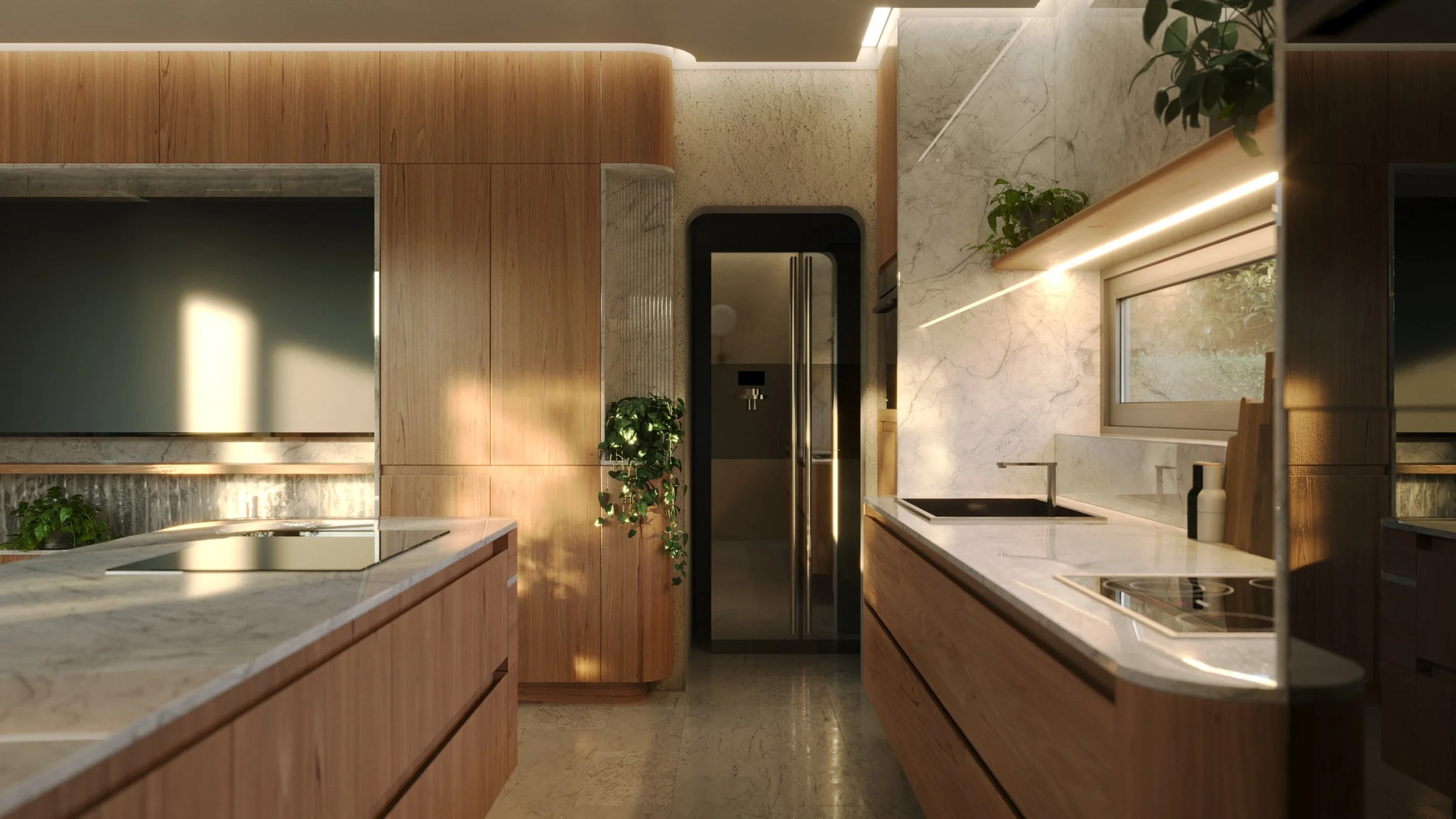 Modern kitchen with wood cabinets, marble countertops, black refrigerator, and potted plants, illuminated by natural light.