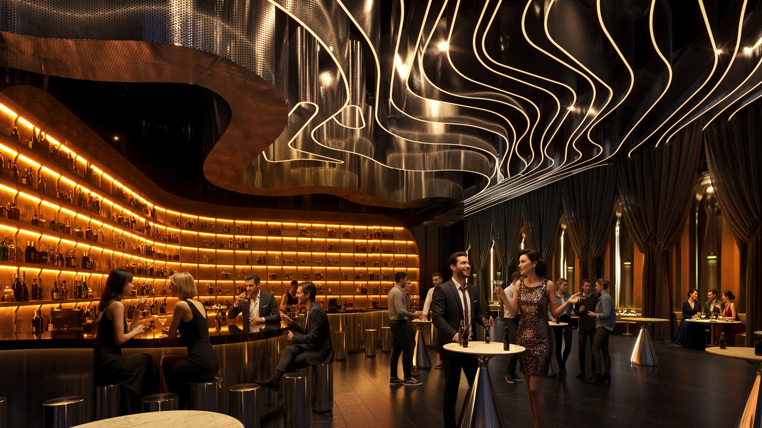 A lively upscale bar with warm lighting, bottles on illuminated shelves, and elegant guests socializing and enjoying drinks in a modern, stylish setting.