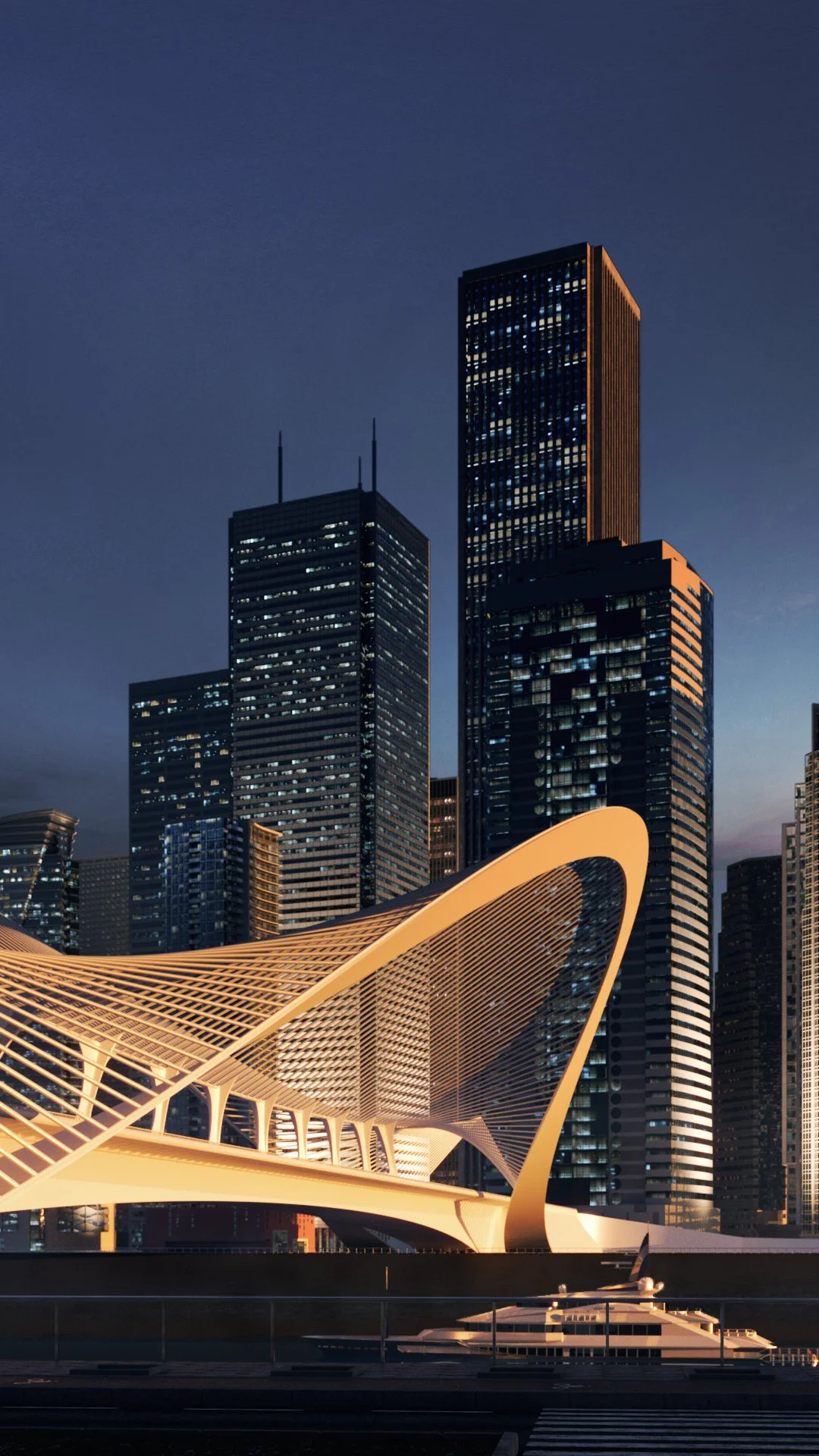 Nighttime cityscape of modern skyscrapers with illuminated windows and a unique architecturally distinctive structure in the foreground.