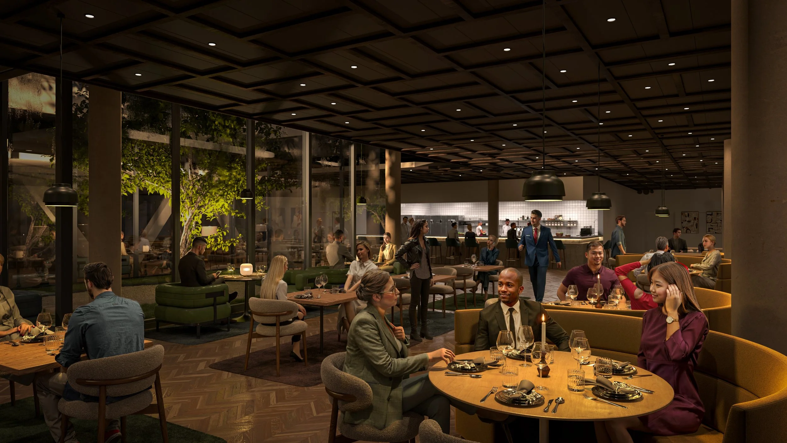 A lively, upscale restaurant with guests dining and socializing. The interior features modern decor, large windows with a view of greenery outside, and a mix of tables and plush seating. The open kitchen in the background has staff preparing meals.