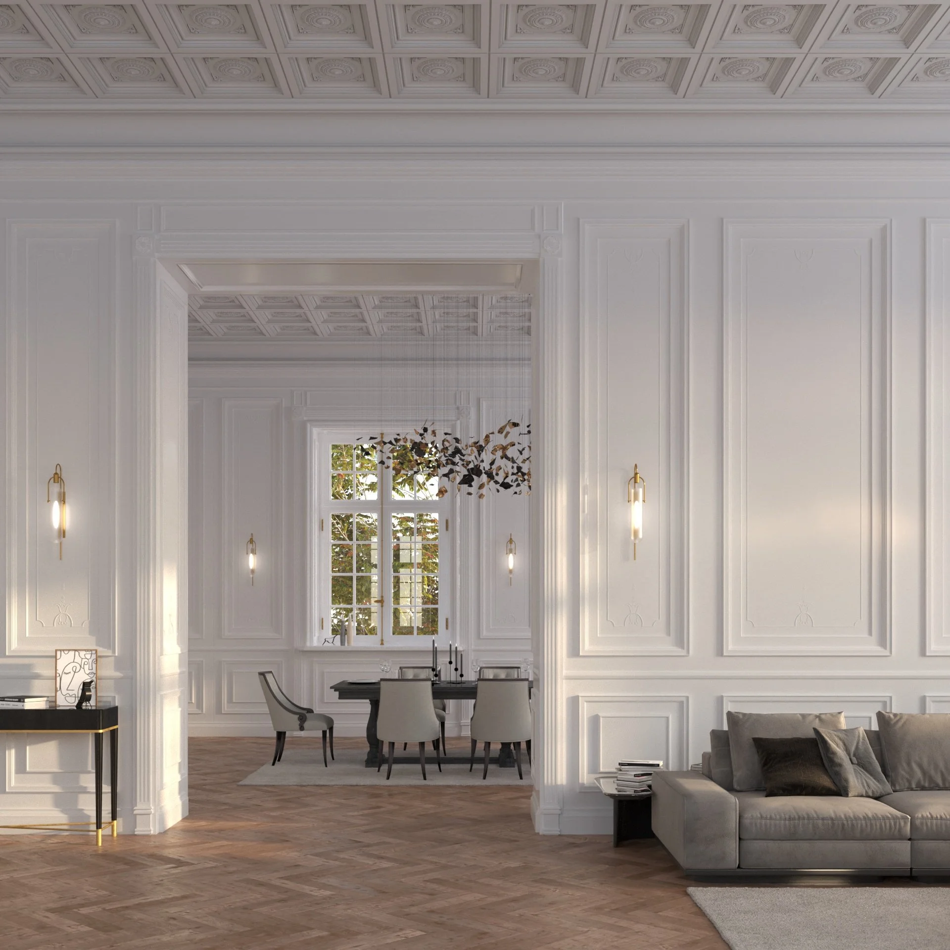 Elegant living and dining room with white paneled walls, ornate ceiling, modern sofa, dining table, chairs, and pendant light fixture.