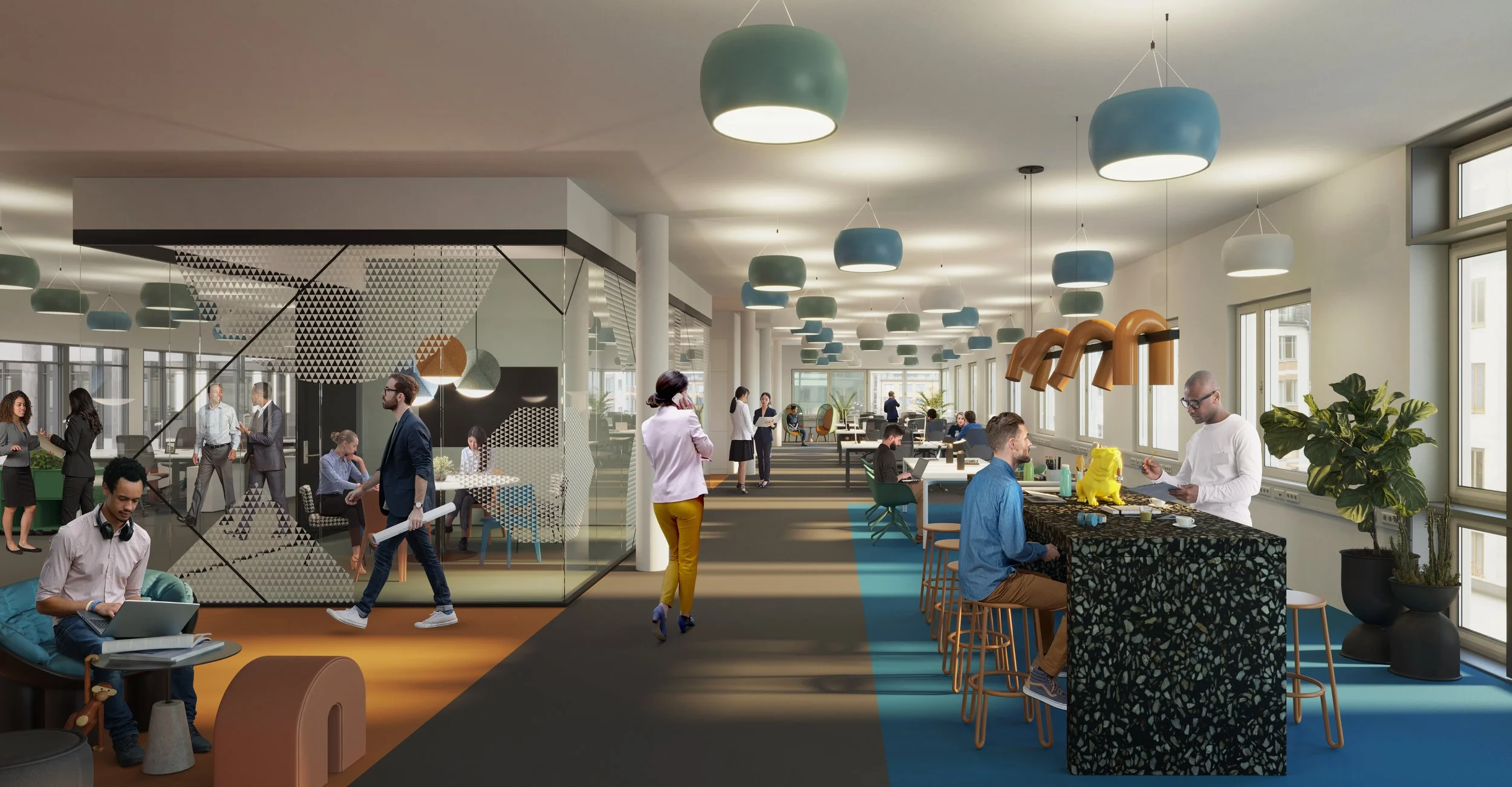 A modern open-plan office with people working at tables and talking. There are hanging pendant lights in blue, white, and orange, large windows, and decorative plants. Some individuals are using laptops, while others are engaged in conversation or st