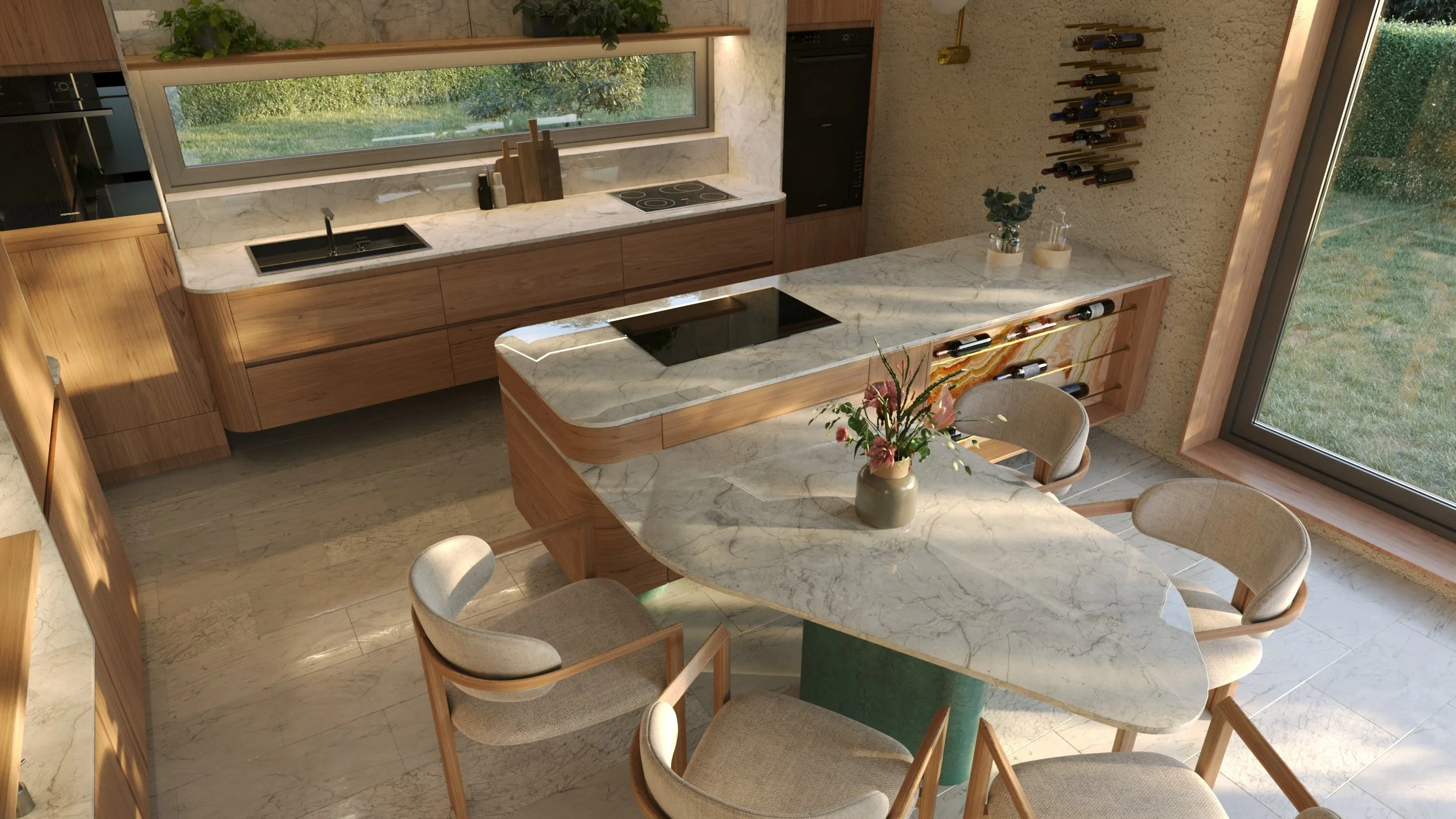 Modern kitchen with marble countertops, wooden cabinets, a dining table with cream chairs, a vase with flowers, and large windows showing outdoors.