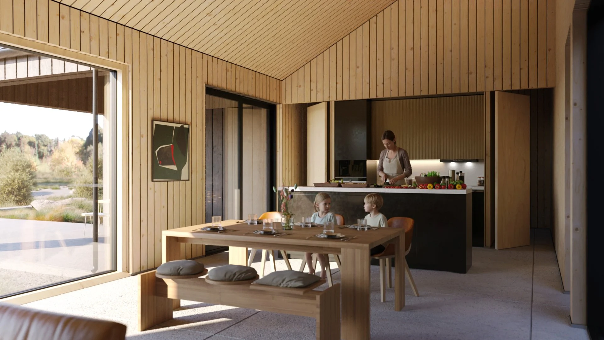 Interior of a modern wooden home with large sliding glass doors, showing a woman and two children in a kitchen and dining area with natural light and outdoor landscape.