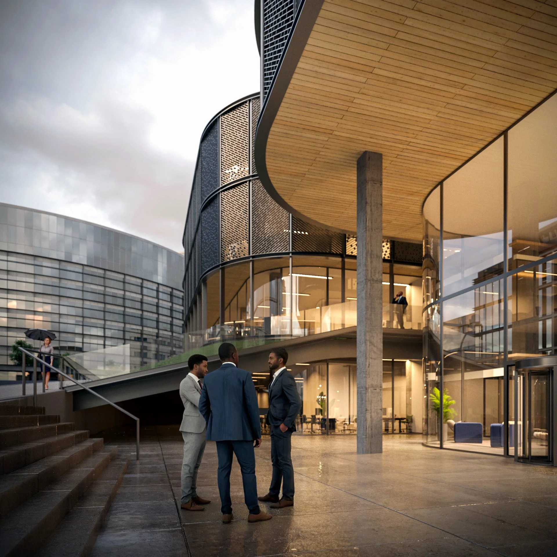 Four business professionals in suits are talking outside a modern office building with glass walls and curved architectural design, on a rainy day with a woman holding an umbrella nearby.