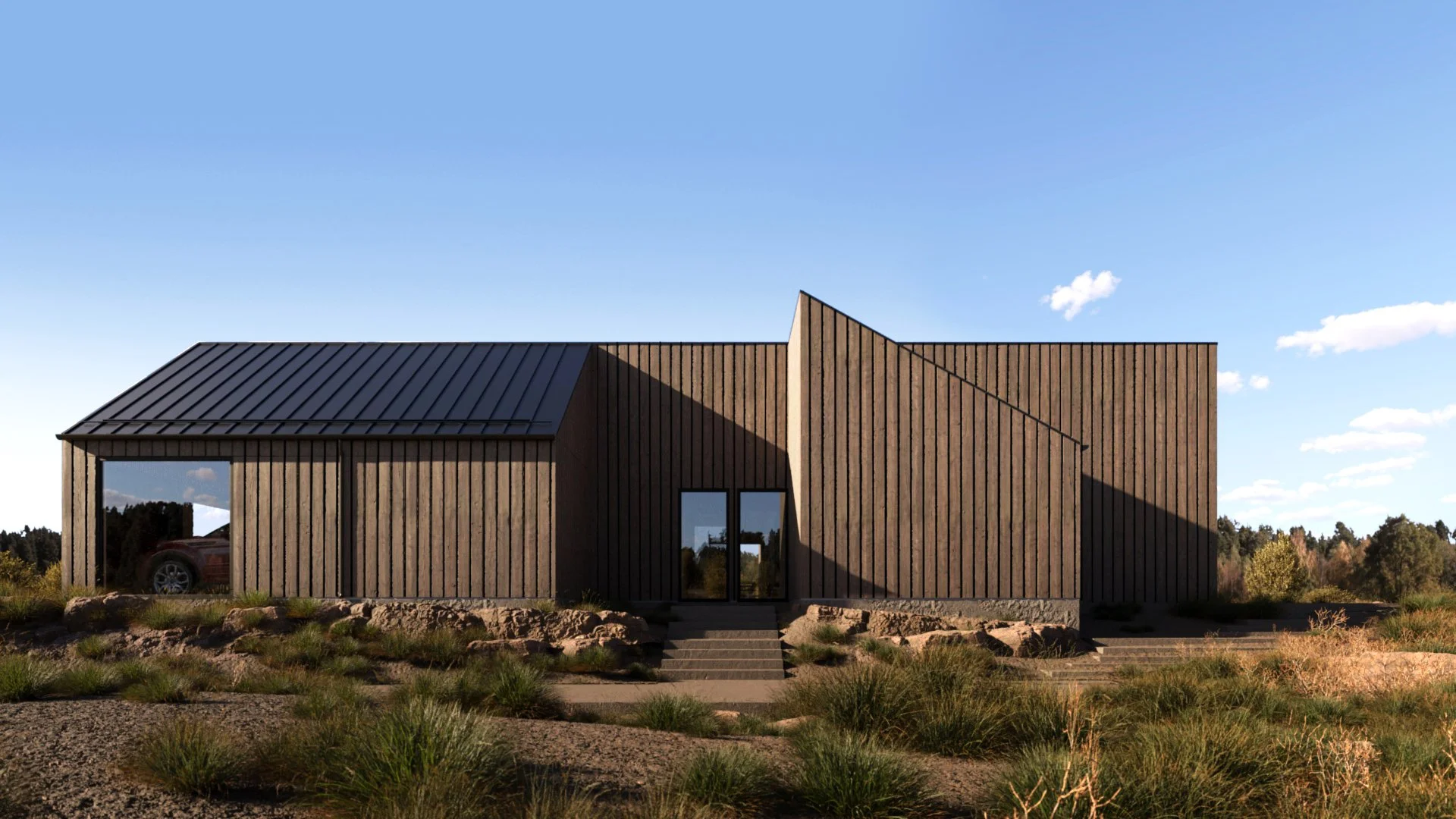 Modern house with vertical wooden siding and a sloped metal roof, situated in a natural landscape with sparse vegetation and trees in the background, under a clear blue sky.