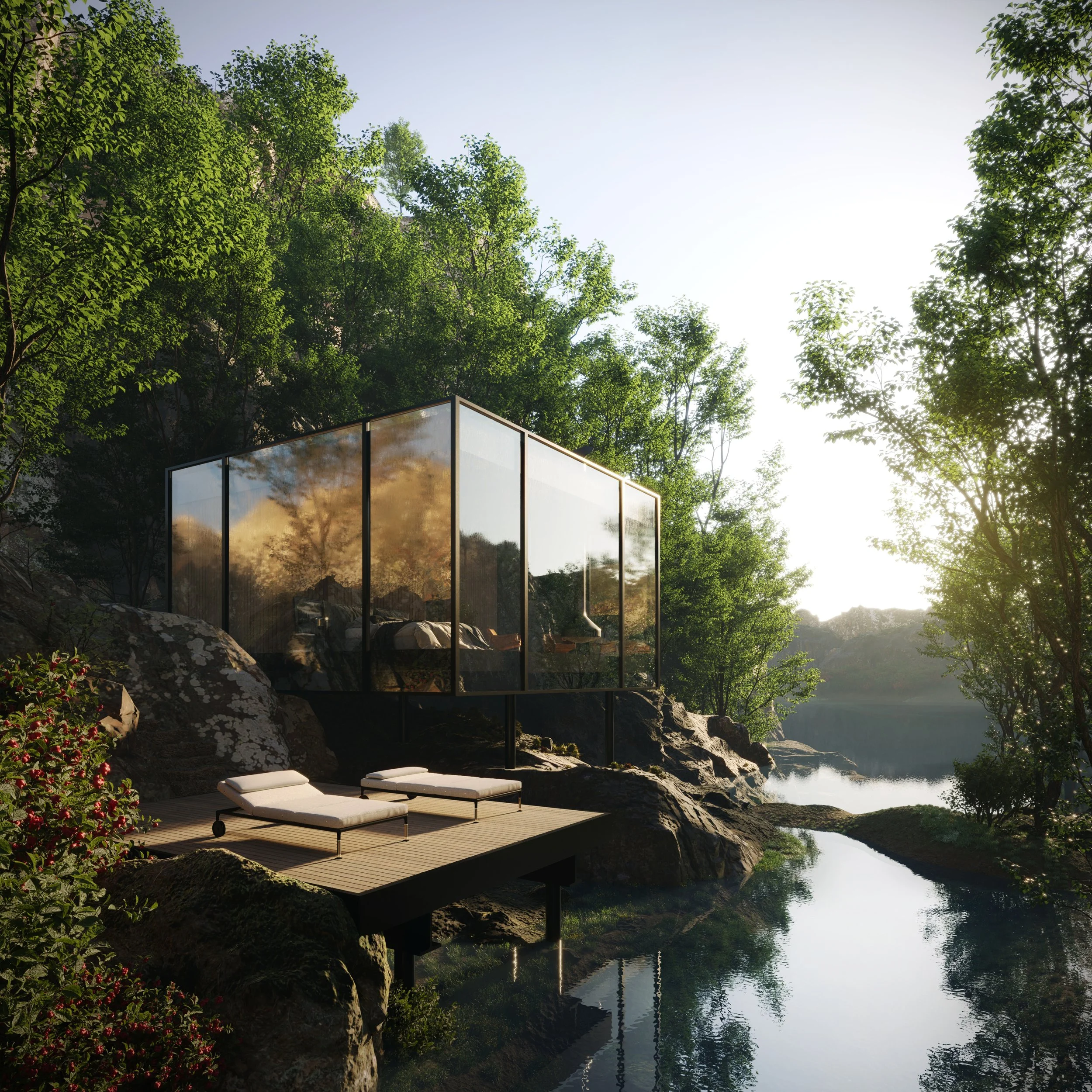 Modern glass cabin built on rocks beside a river in a lush green forest with trees and mountains in the background, reflecting on the water.