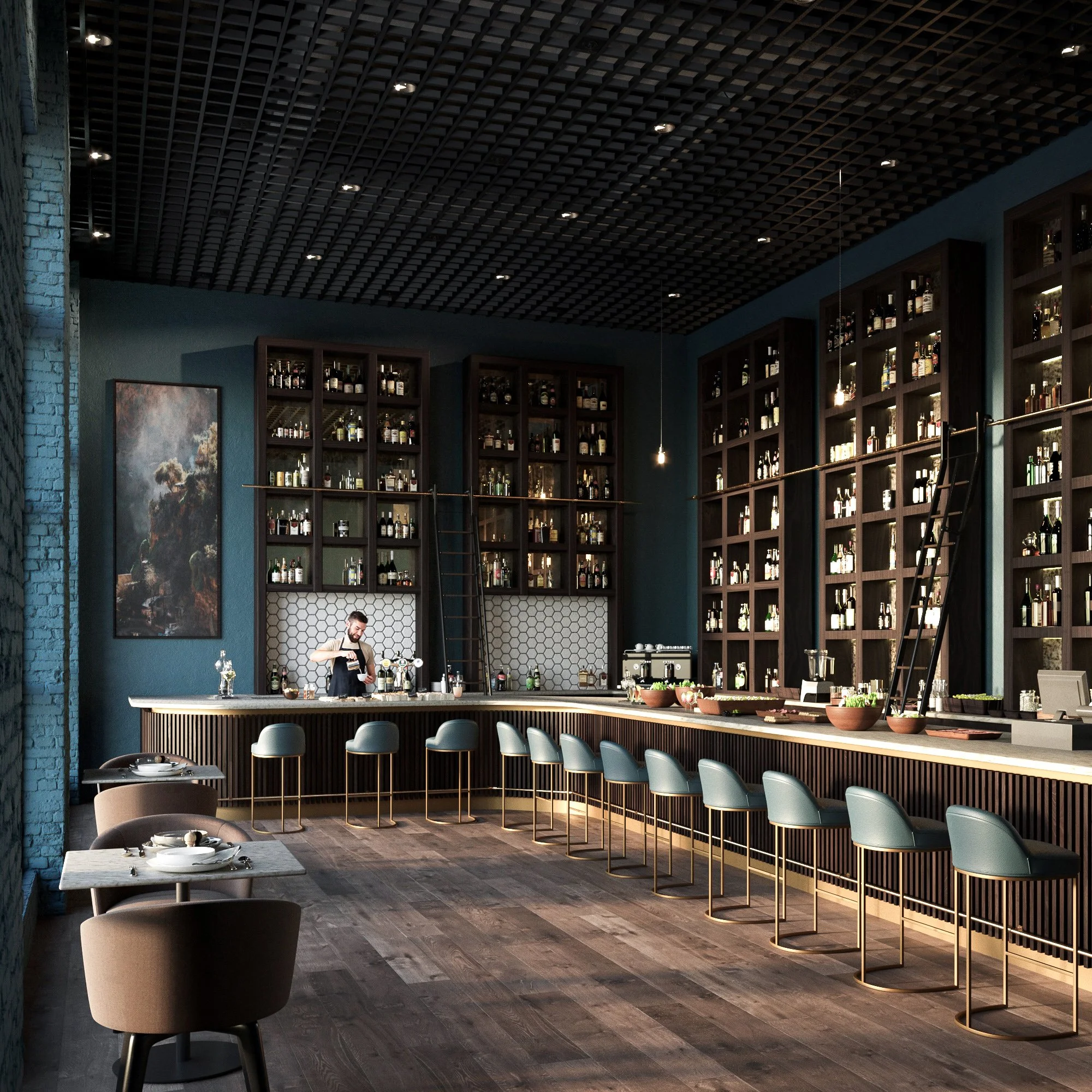 Modern bar with a long counter, barstools, and shelves filled with bottles. A bartender is preparing a drink, and there are tables with dishes in the foreground.