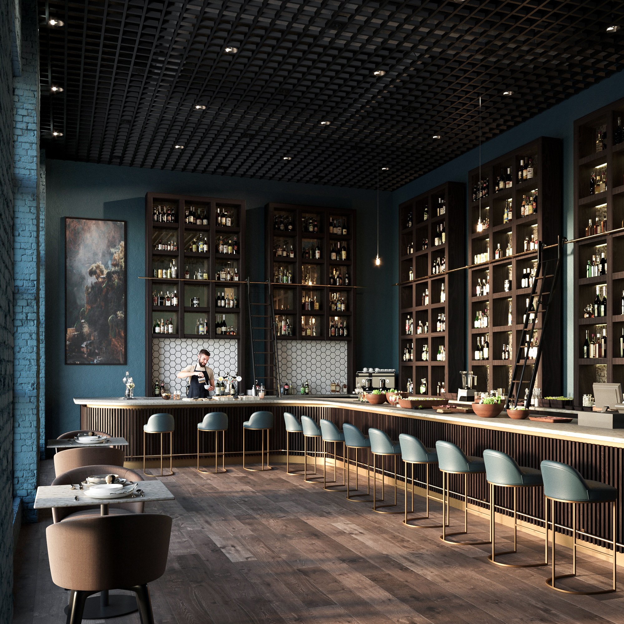 Modern bar with a long counter, barstools, and shelves filled with bottles. A bartender is preparing a drink, and there are tables with dishes in the foreground.