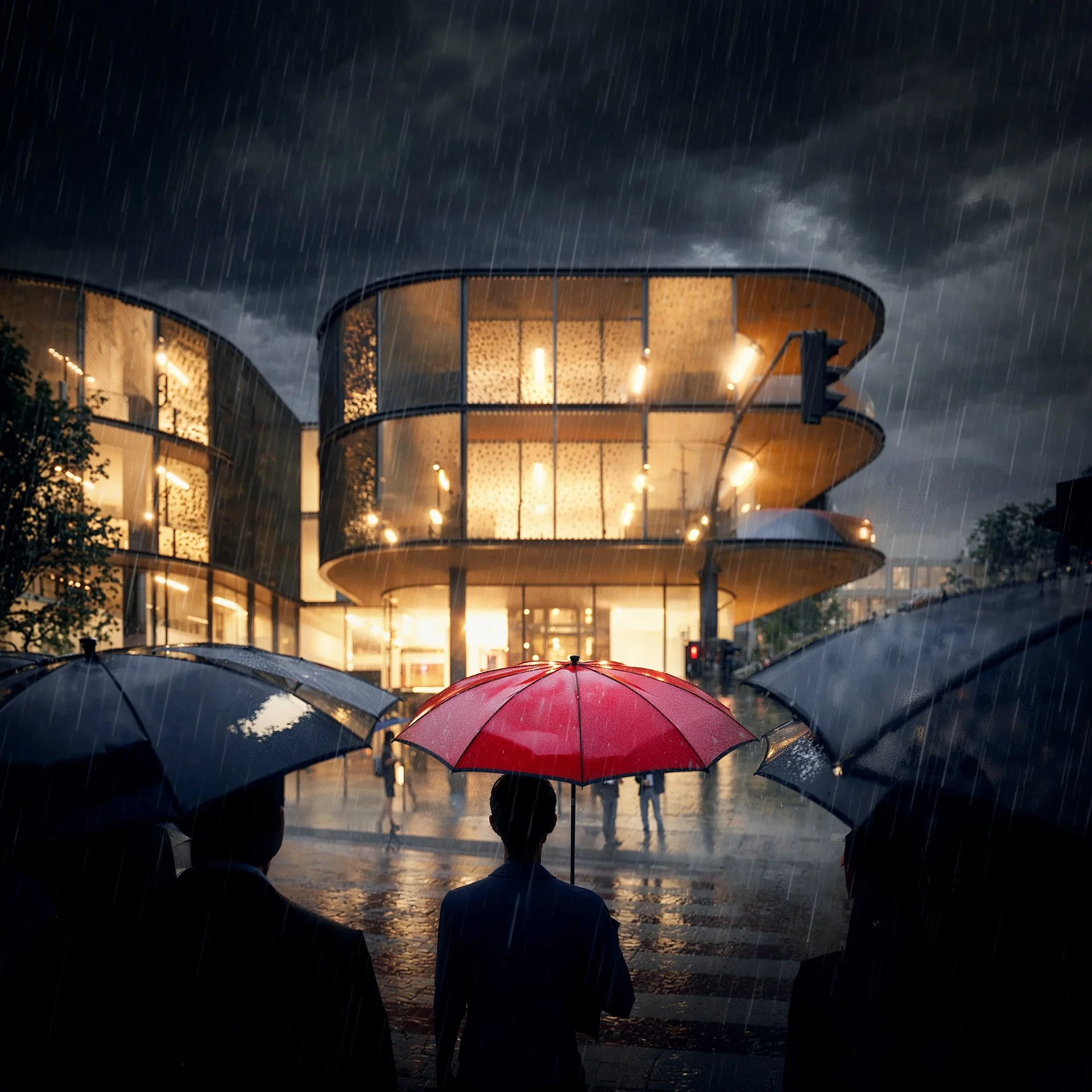 Rainy night exterior architectural visualization of a contemporary glass office building with pedestrians, Concept Project, Storyform Studio