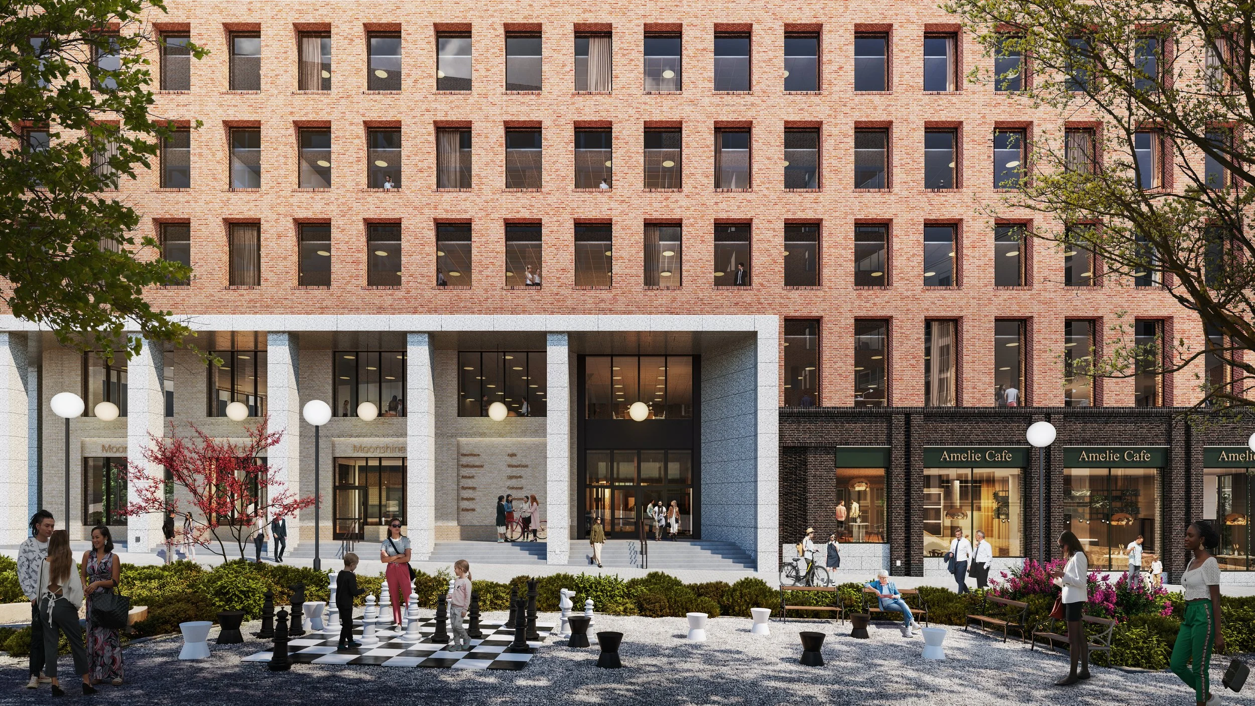 A busy urban scene in front of a modern brick building with multiple floors. People are walking and socializing at ground level, some playing chess on a life-sized outdoor chessboard. The building has large windows with people visible inside, and the