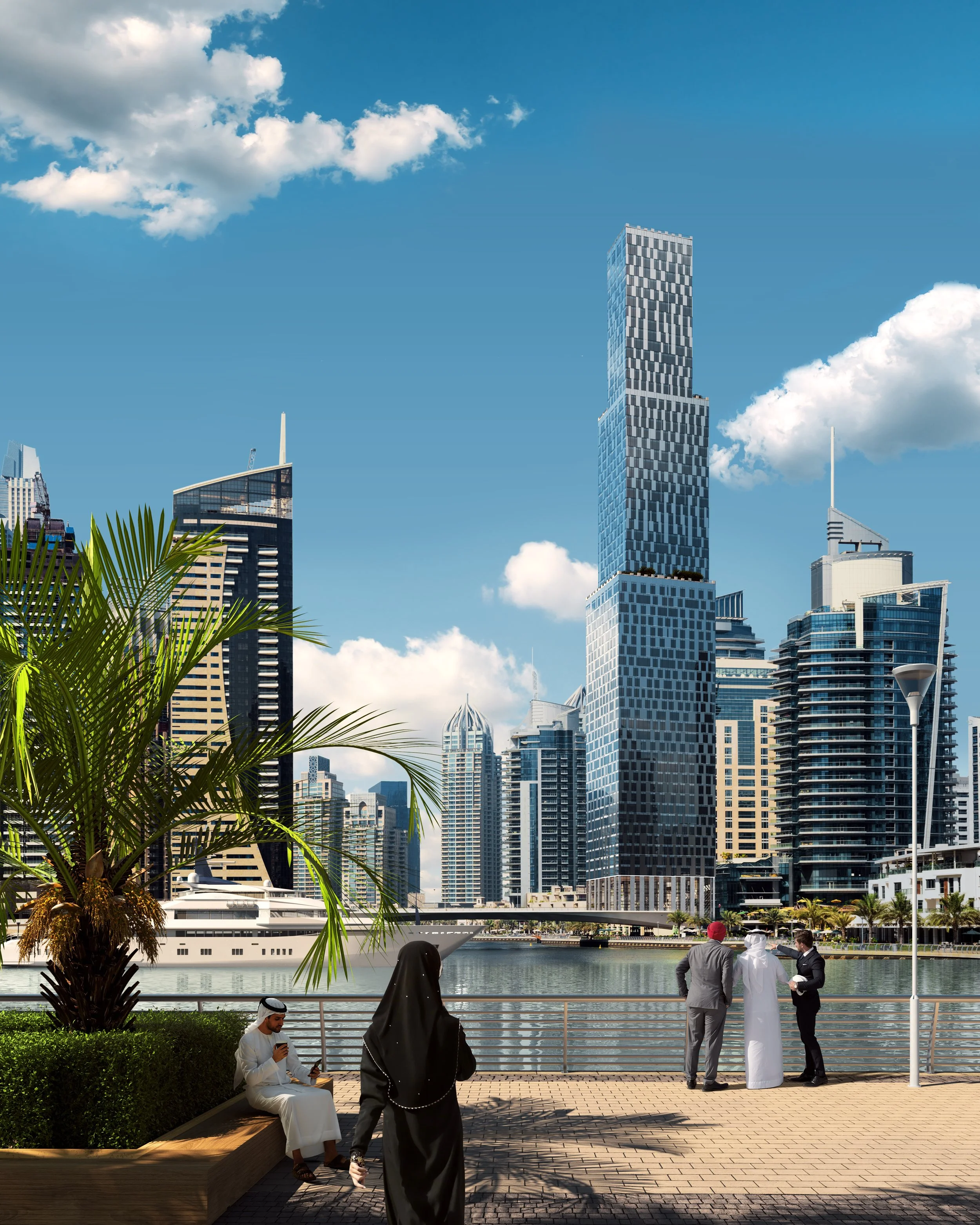 Waterfront architectural render of a luxury mixed-use development with skyline views and marina setting, Concept Project, Dubai, Storyform Studio
