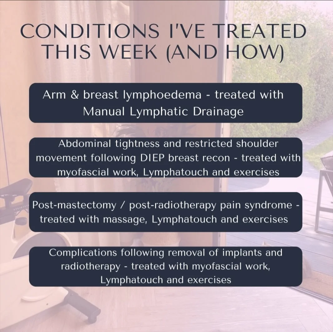 Just a snippet of the conditions I&rsquo;ve seen this week, but there have been a few more than this! 

Every patient I see is different and requires an in-depth assessment prior to decisions around treatment modalities! 

#BreastCancerCare
#BreastCa