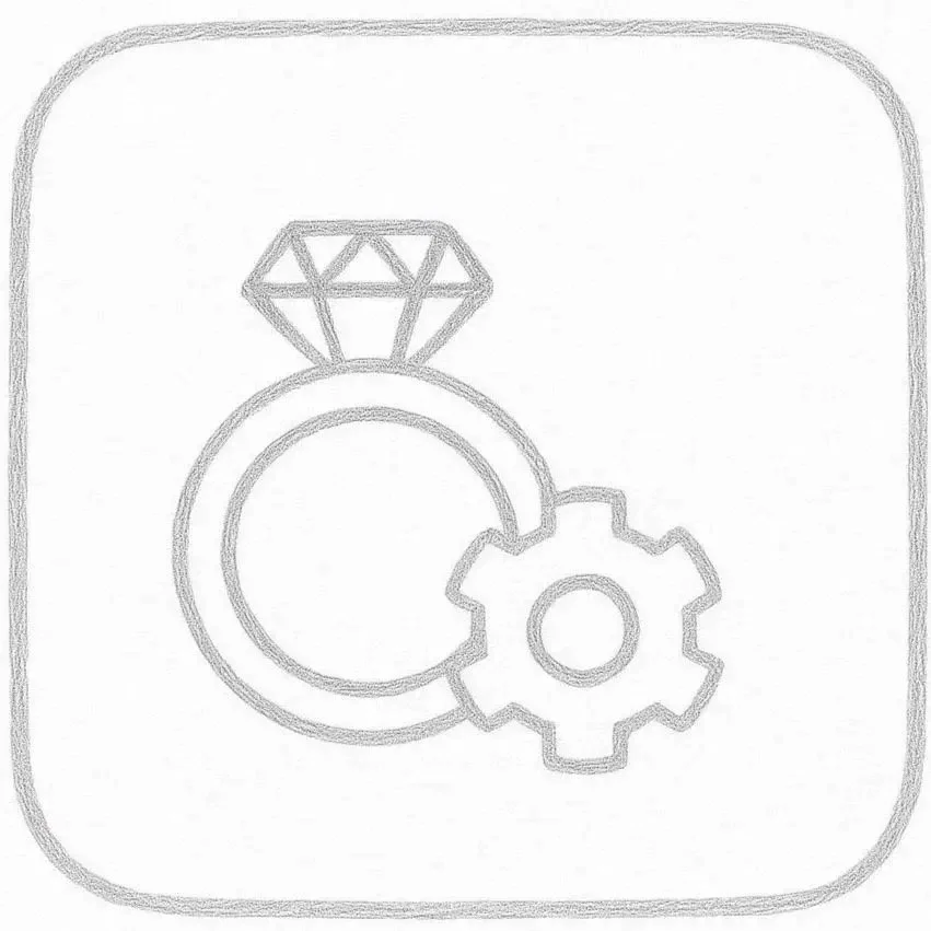 Icône de fabrication, représentant un diamant, une bague et une engrenage, symbolisant le process de création de bijoux.