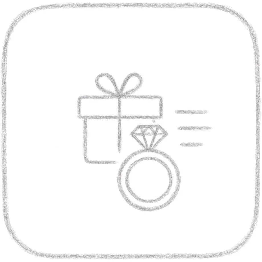 Icône de livraison, représentant un cadeau, une bague avec un diamant et des lignes indiquant la vitesse